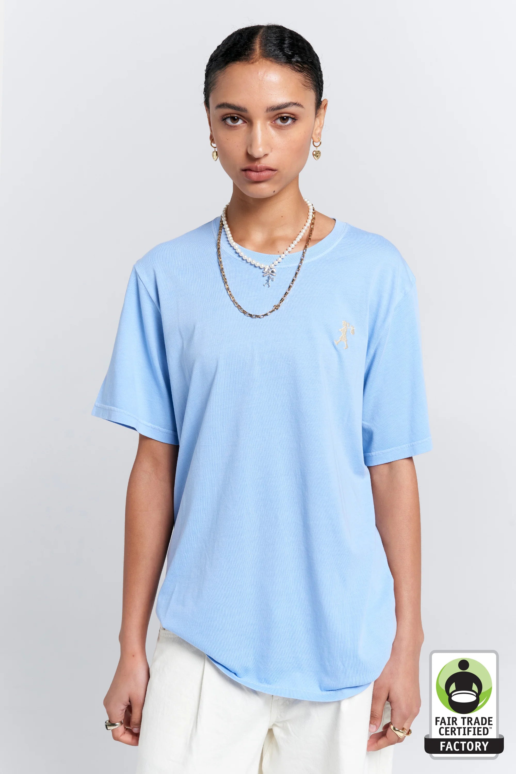 Karen Walker Embroidered Runaway Girl Classic Organic Cotton Tshirt Blue