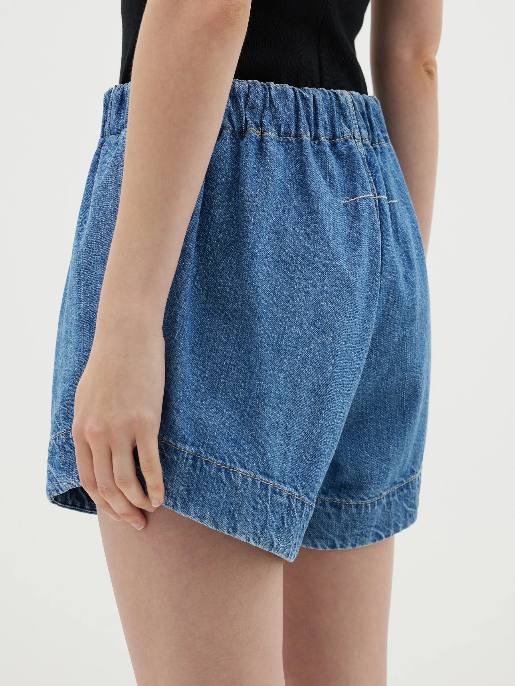 Bassike Pull On Denim Mini Short Light Blue