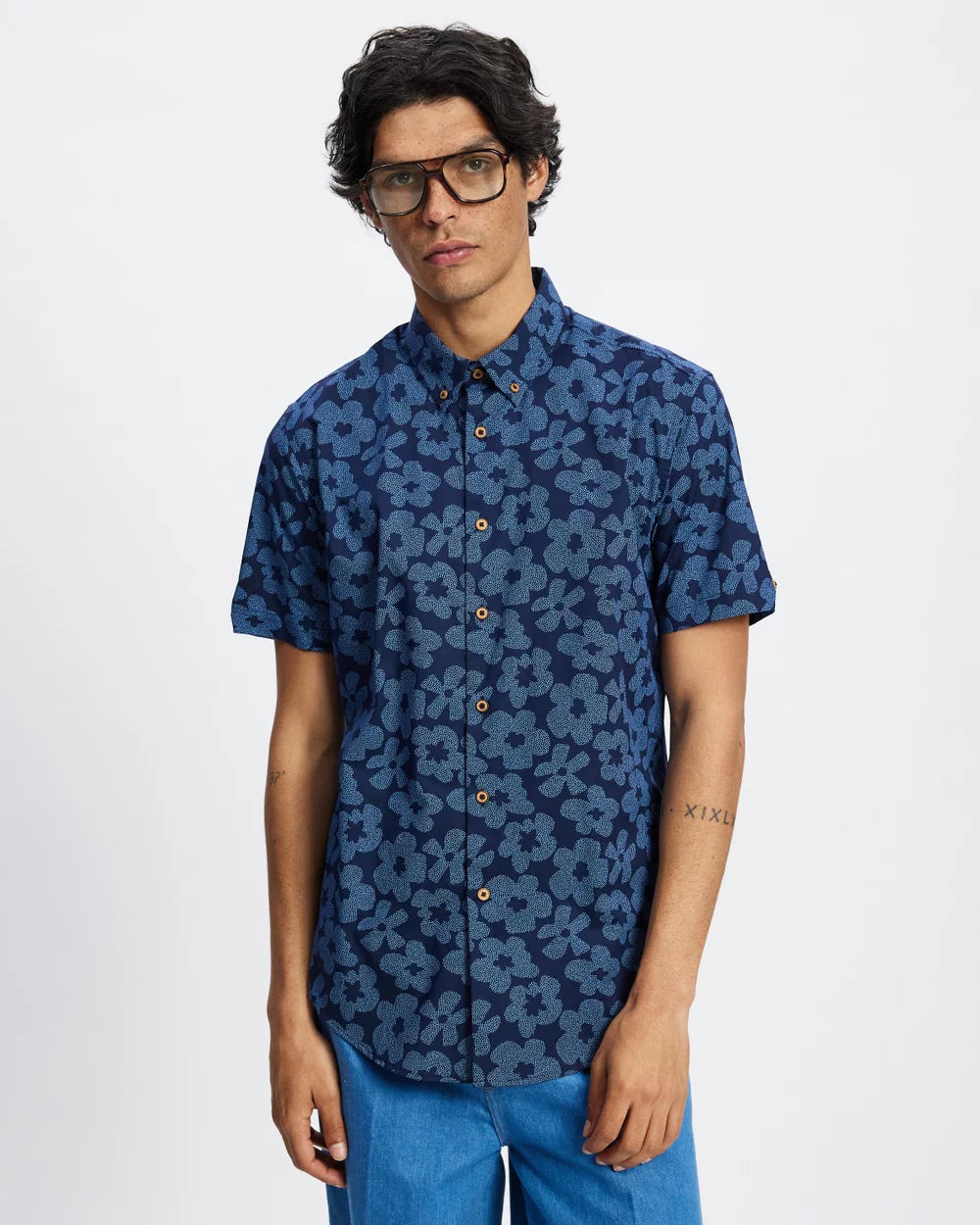 Ben Sherman Stipple Floral Print SS Shirt Dark Navy