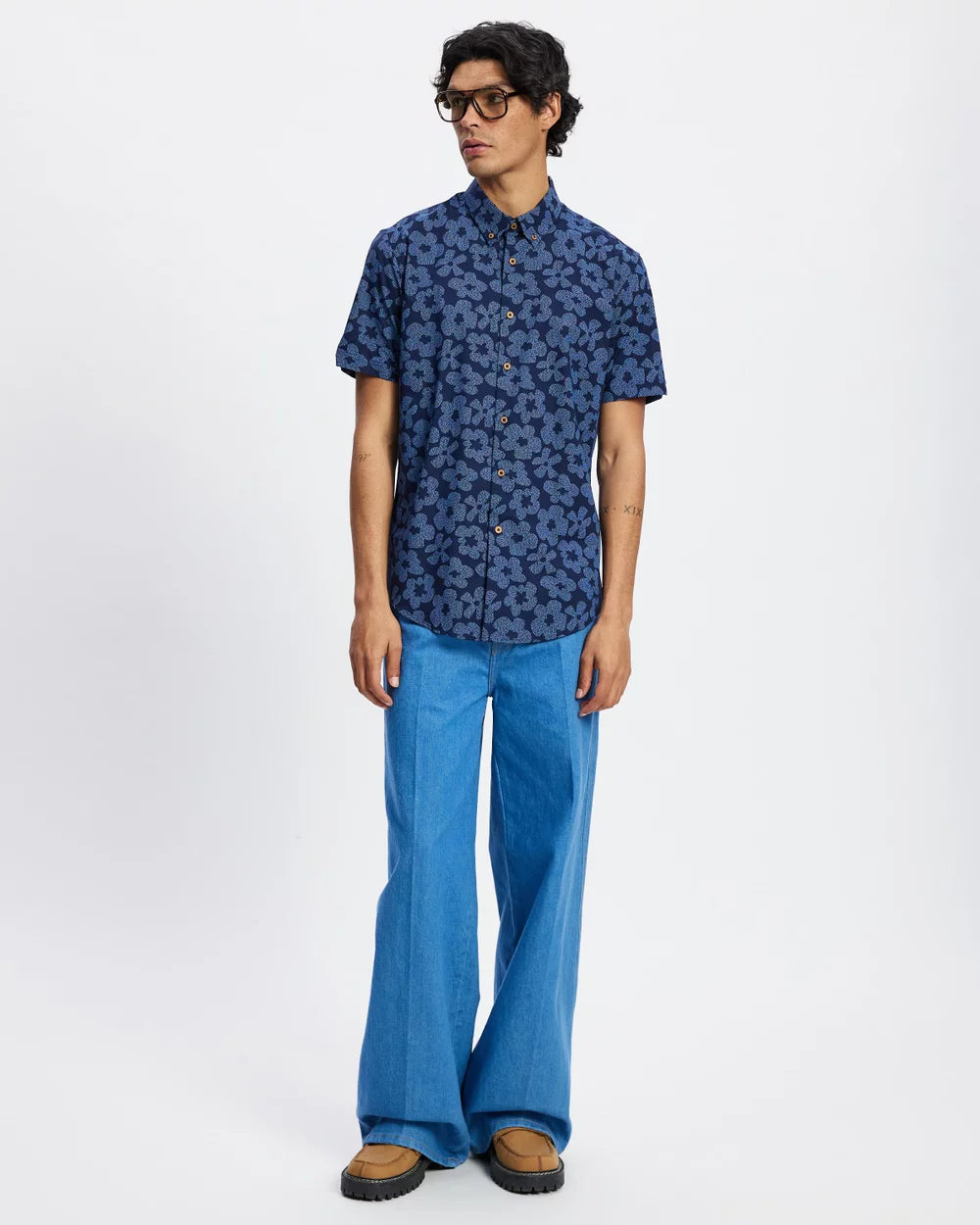 Ben Sherman Stipple Floral Print SS Shirt Dark Navy
