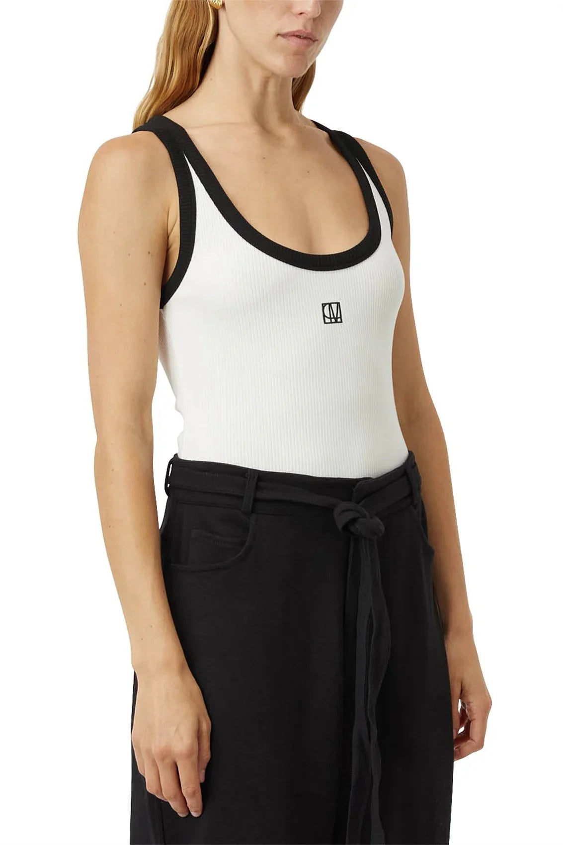 C&M Nora Contrast Bind Scoop Neck Tank Soft White/Black