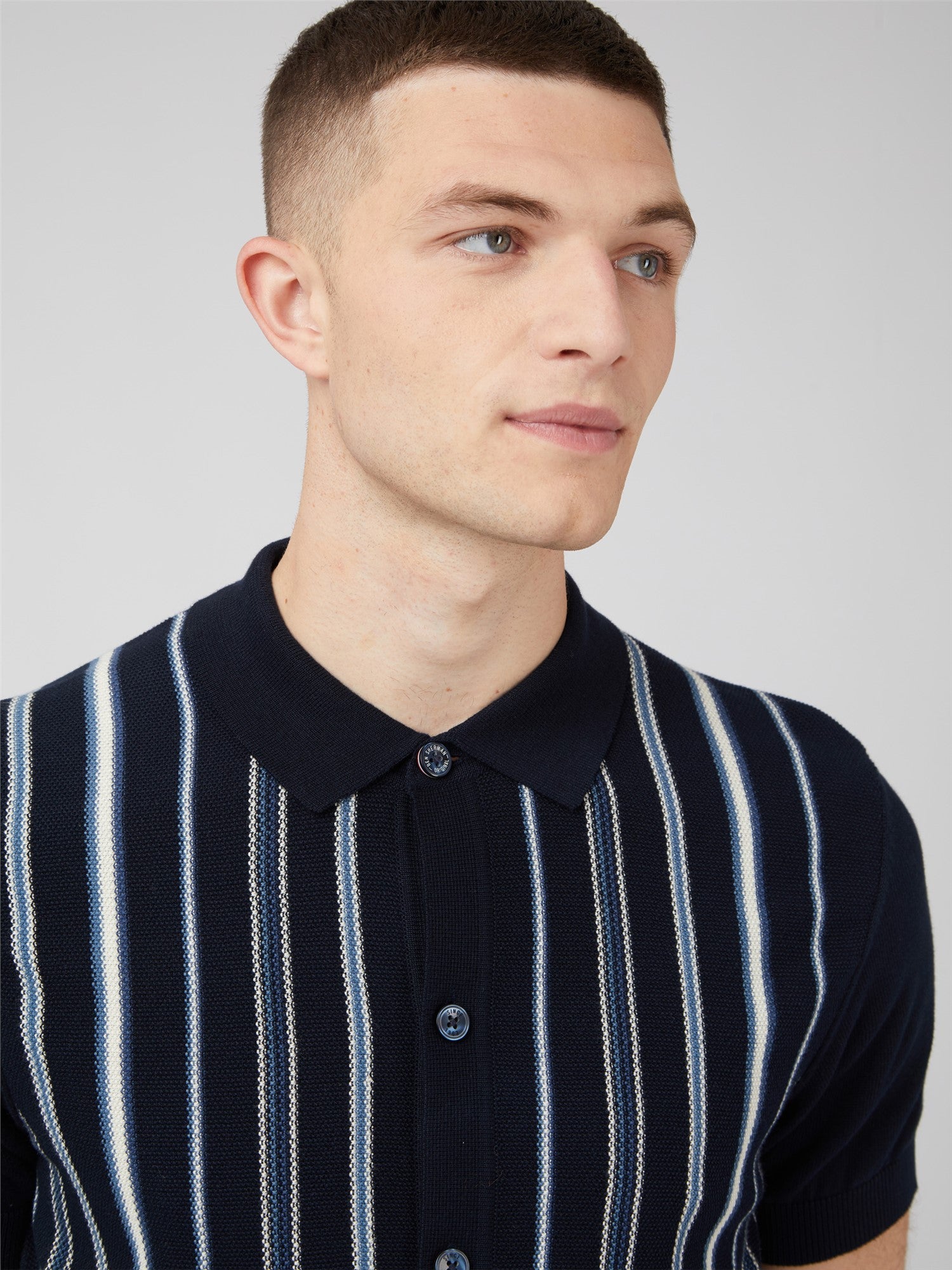 Ben Sherman Button Through Stripe Polo Dark Navy