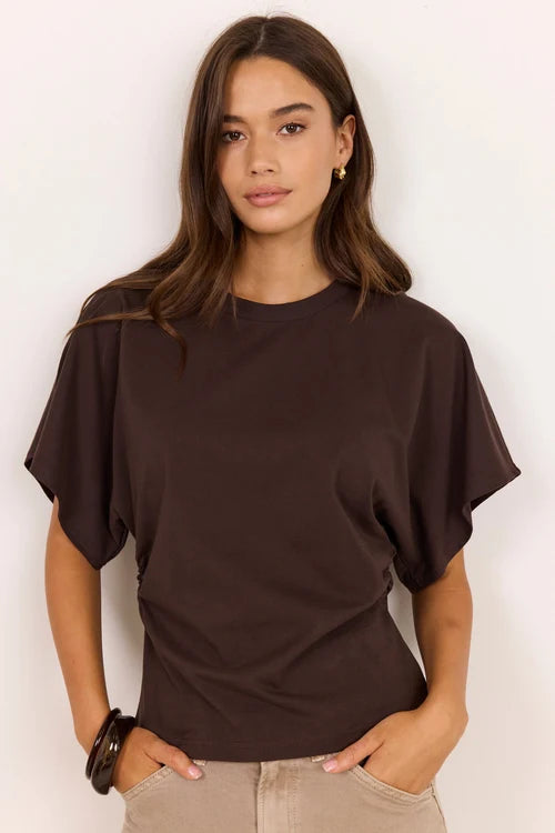 RE:Union Label Cadence Chocolate Cotton Gathered Waist Detail Short Sleeve Tee