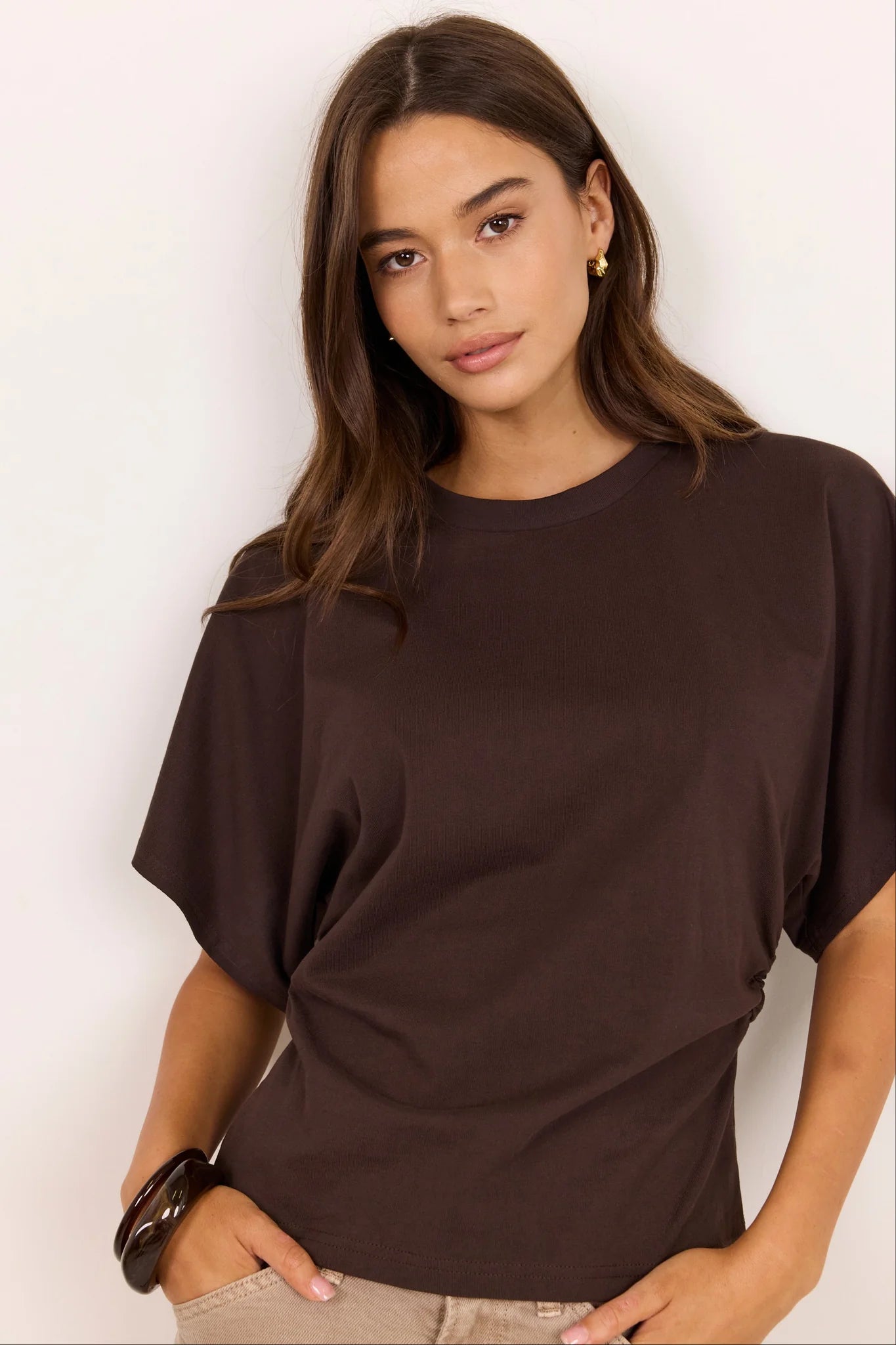 RE:Union Label Cadence Chocolate Cotton Gathered Waist Detail Short Sleeve Tee