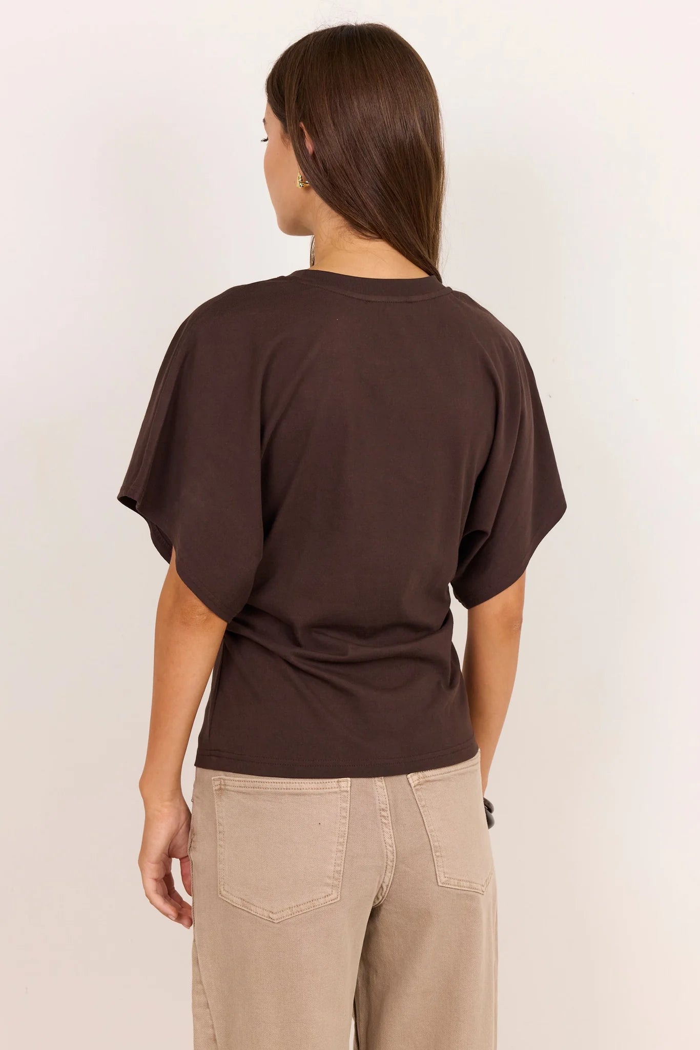 RE:Union Label Cadence Chocolate Cotton Gathered Waist Detail Short Sleeve Tee