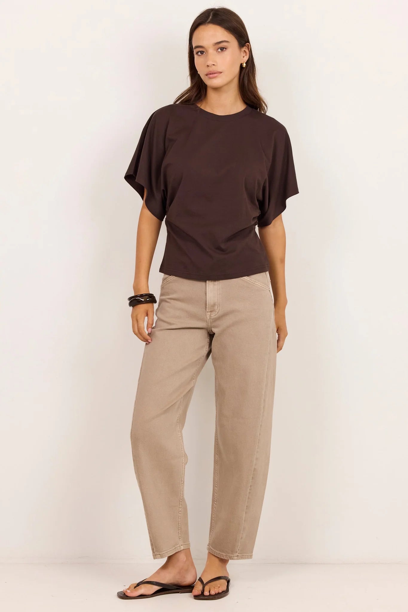 RE:Union Label Cadence Chocolate Cotton Gathered Waist Detail Short Sleeve Tee