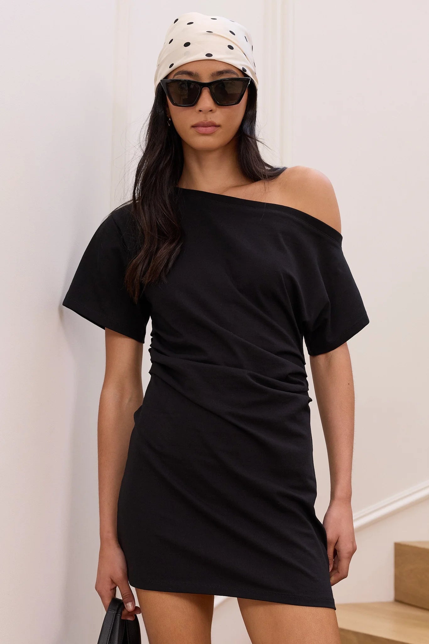 Stories be Told Chatter Black Ruched Mini Tee Shirt Dress