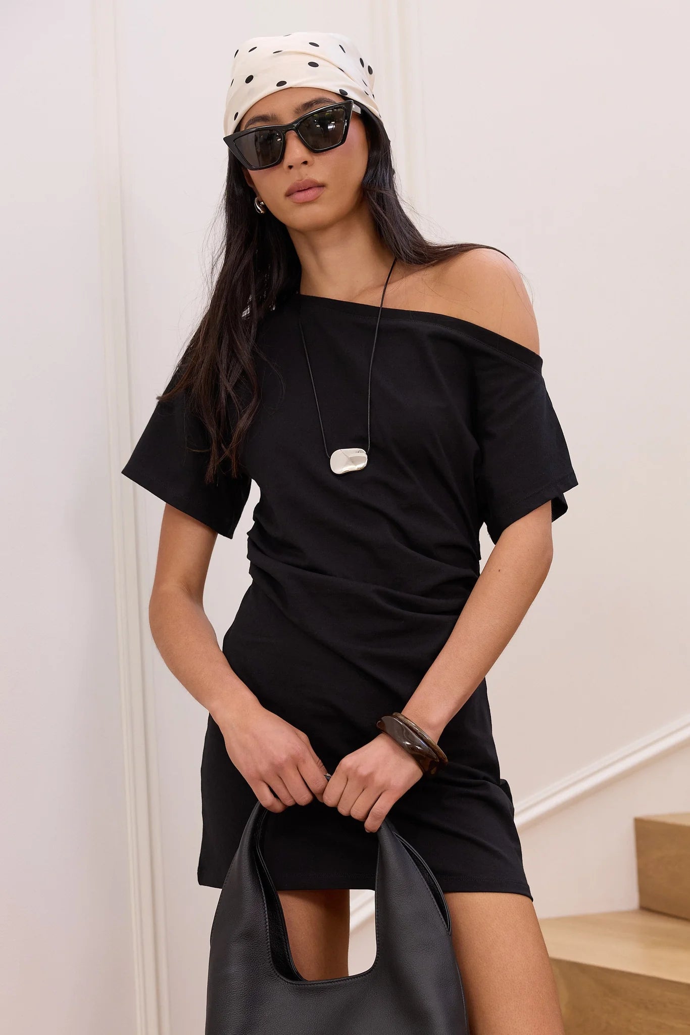 Stories be Told Chatter Black Ruched Mini Tee Shirt Dress