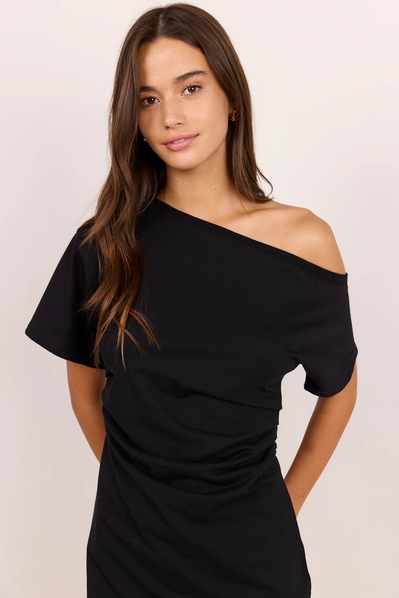 Stories be Told Chatter Black Ruched Mini Tee Shirt Dress
