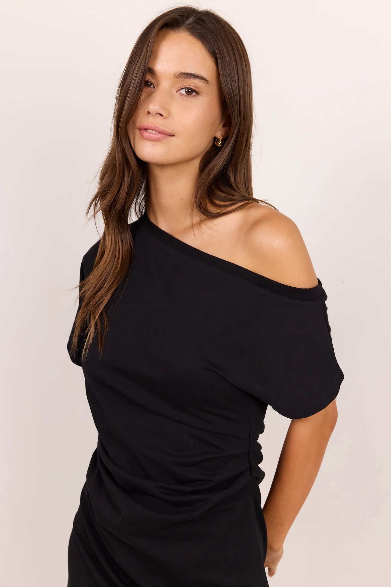 Stories be Told Chatter Black Ruched Mini Tee Shirt Dress