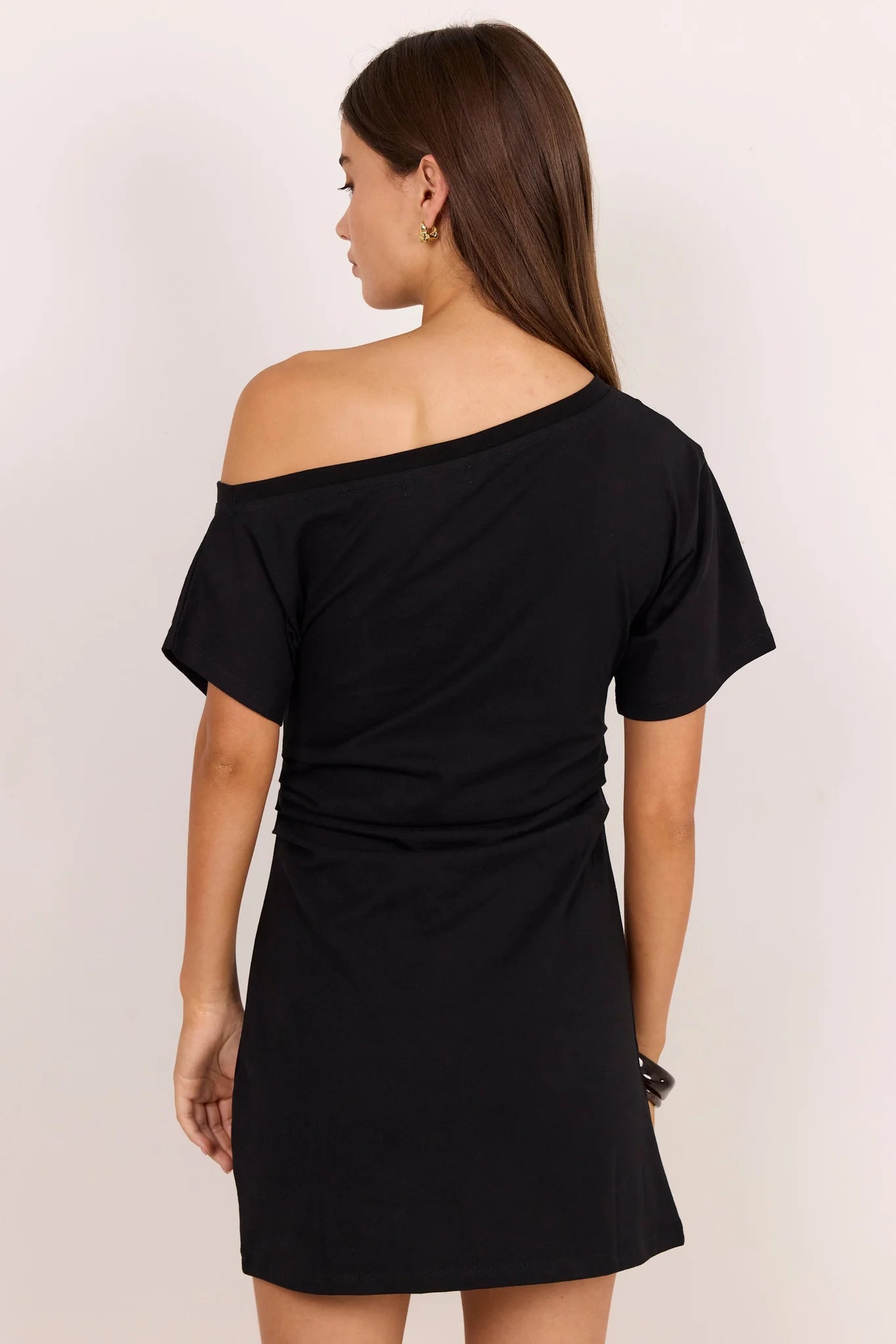 Stories be Told Chatter Black Ruched Mini Tee Shirt Dress
