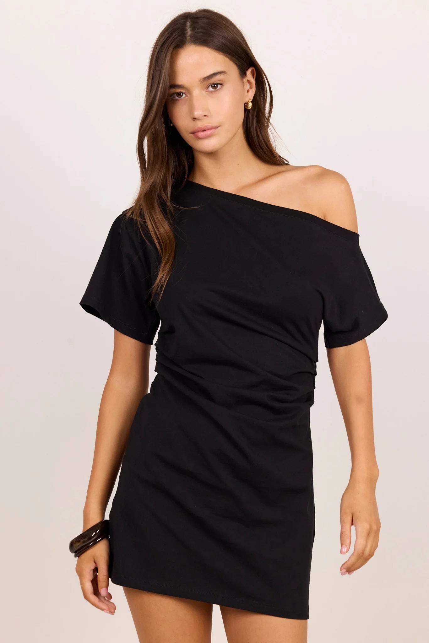 Stories be Told Chatter Black Ruched Mini Tee Shirt Dress
