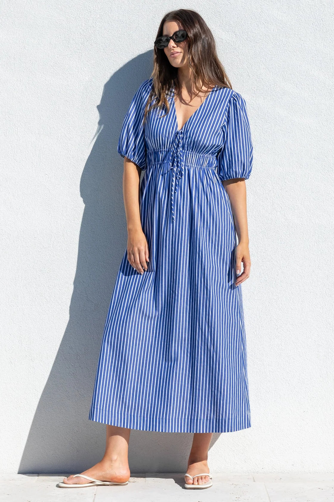 Ivy + Jack Confide Blue Stripe Deep V Maxi Dress