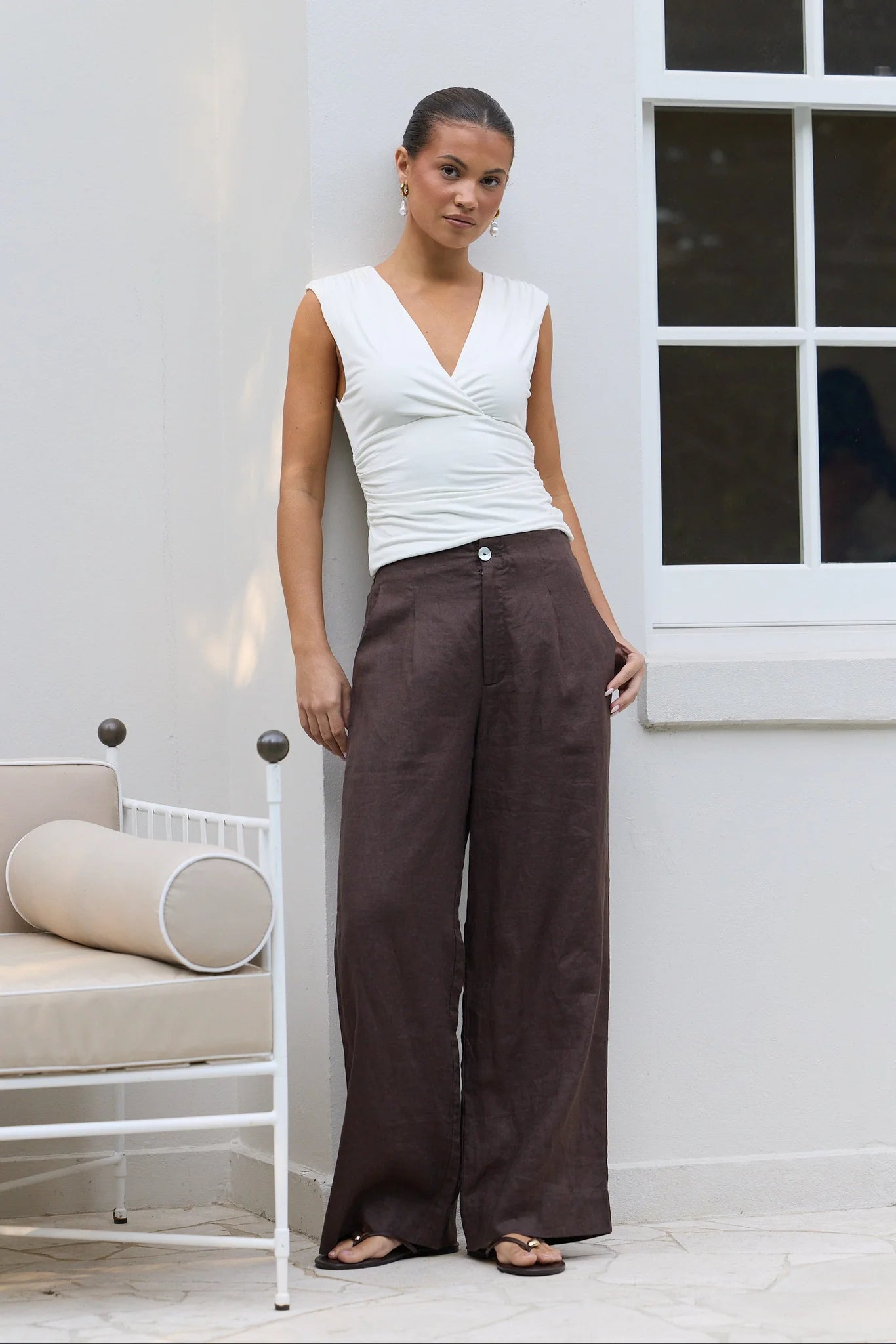 Re:Union Label Curator Dark Chocolate Linen Pleat Front Wide Leg Pants