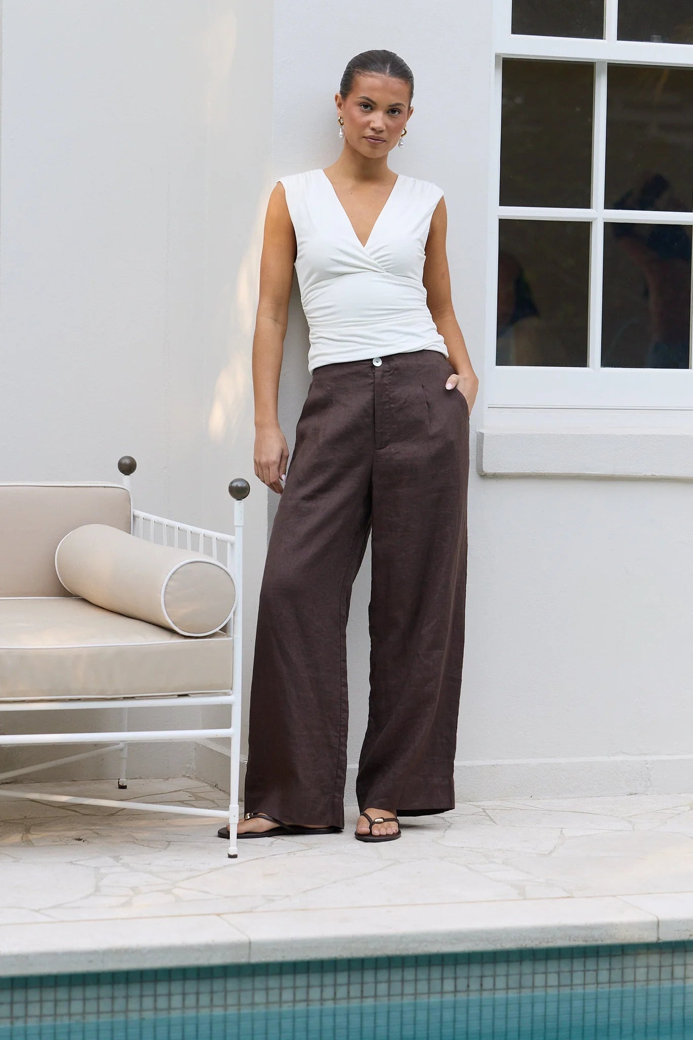 Re:Union Label Curator Dark Chocolate Linen Pleat Front Wide Leg Pants