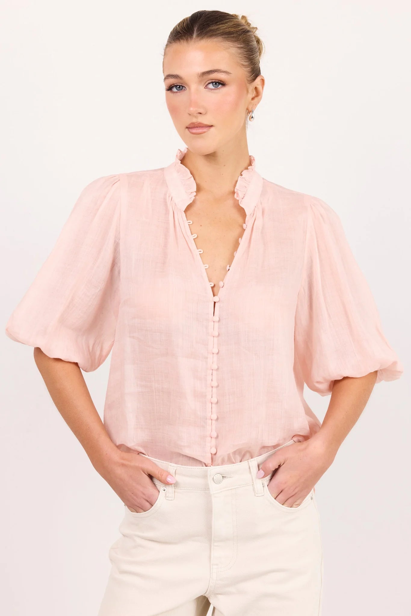 Ivy + Jack Continuance Blush Ramie High Neck Buttoned SS Top