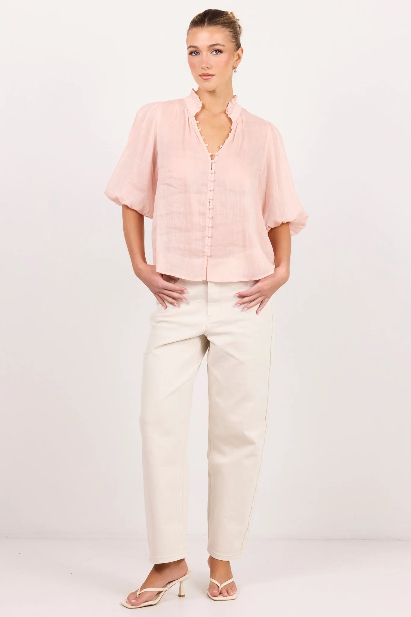 Ivy + Jack Continuance Blush Ramie High Neck Buttoned SS Top