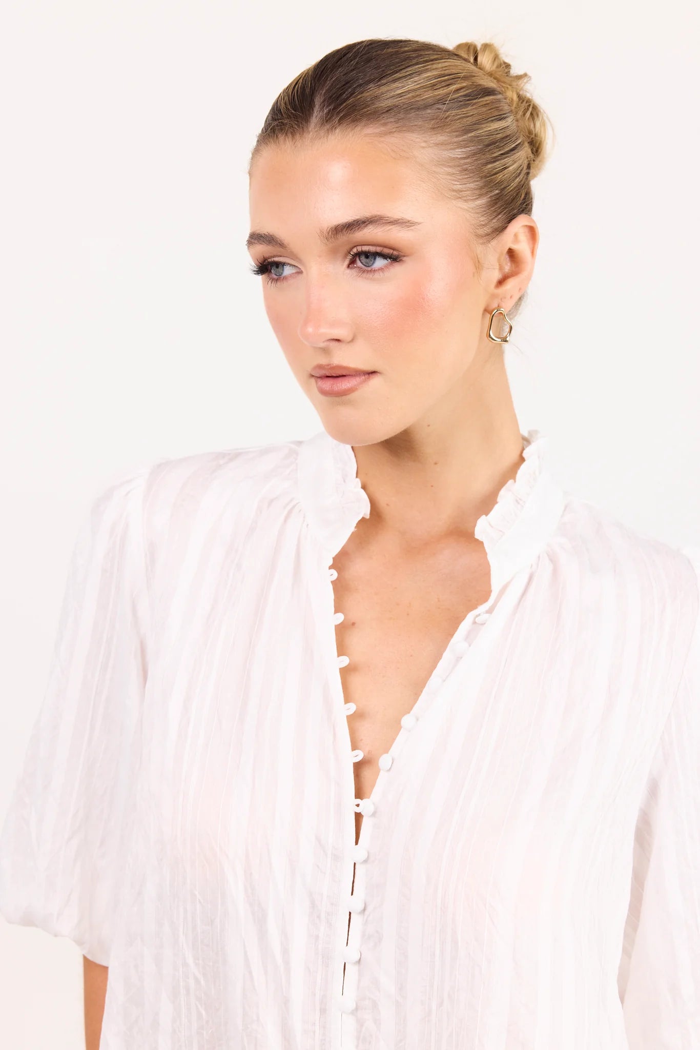 Ivy + Jack Continuance Ivory Self Stripe Button Through Mid Sleeve Top