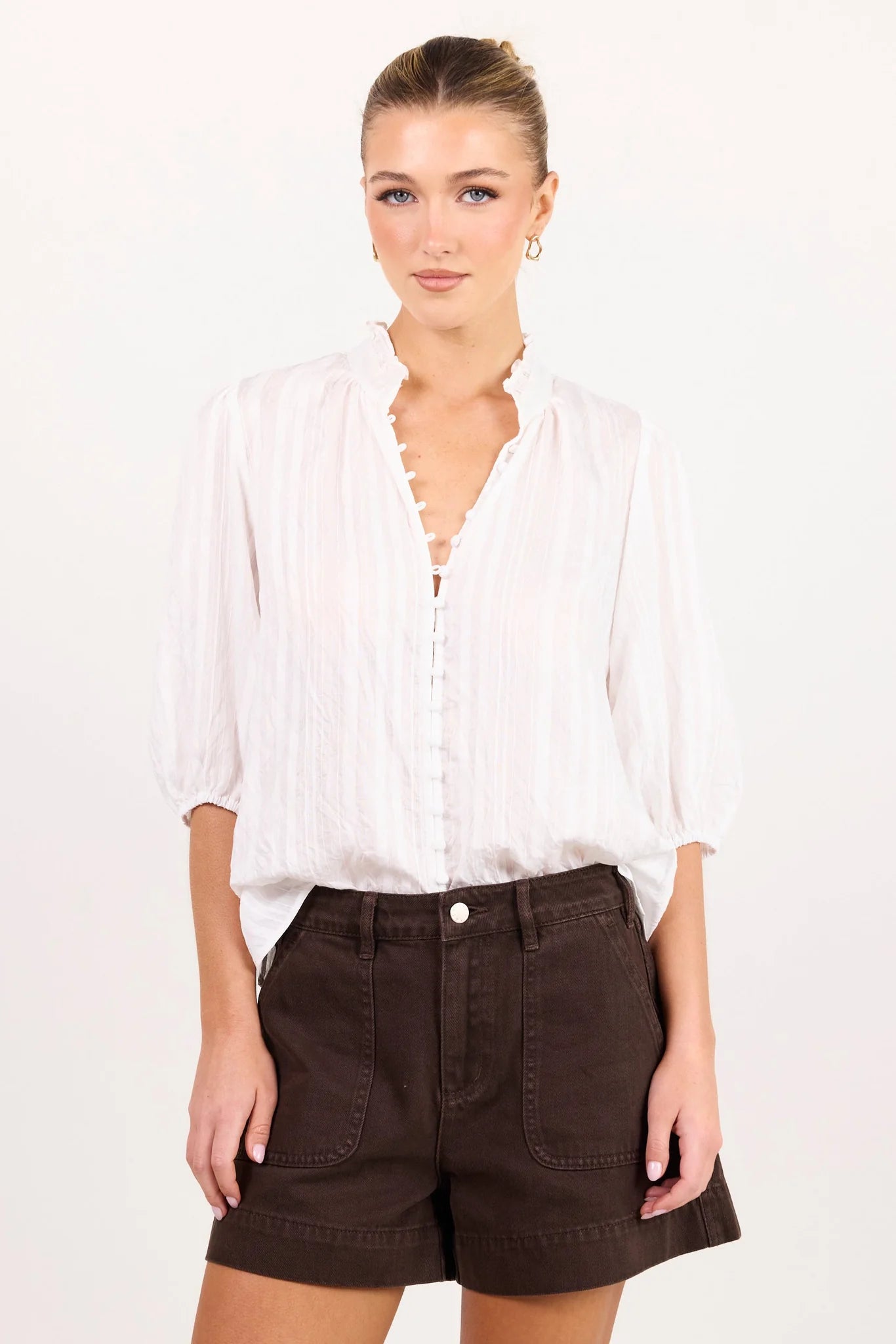 Ivy + Jack Continuance Ivory Self Stripe Button Through Mid Sleeve Top