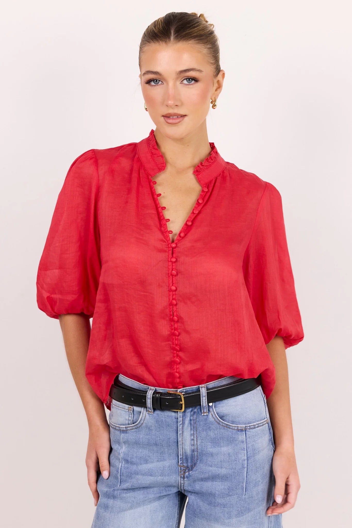 Ivy + Jack Continuance Red Ramie High Neck Buttoned SS Top