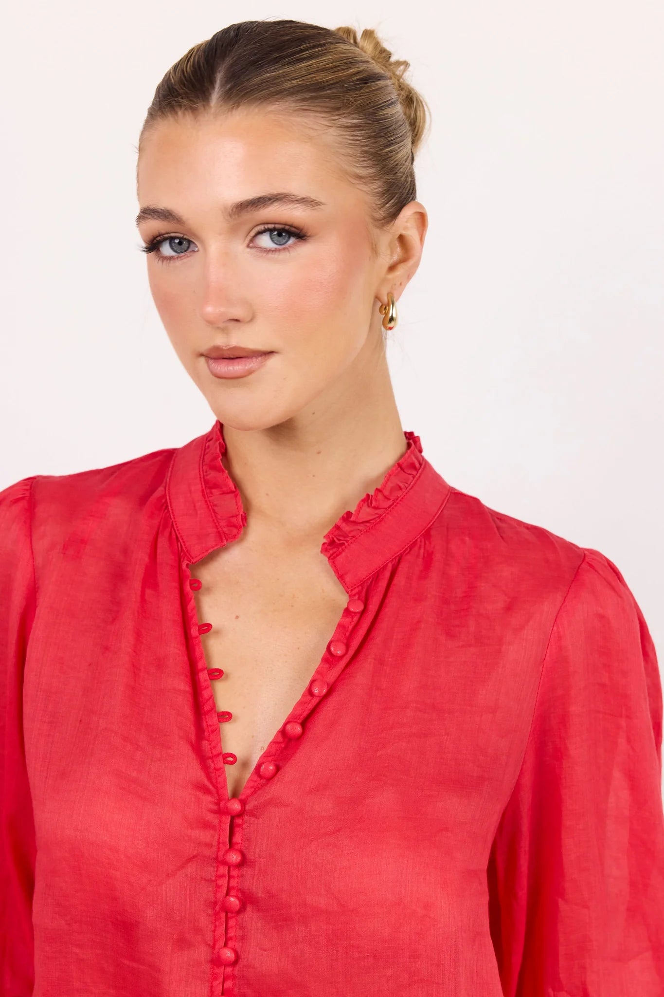 Ivy + Jack Continuance Red Ramie High Neck Buttoned SS Top