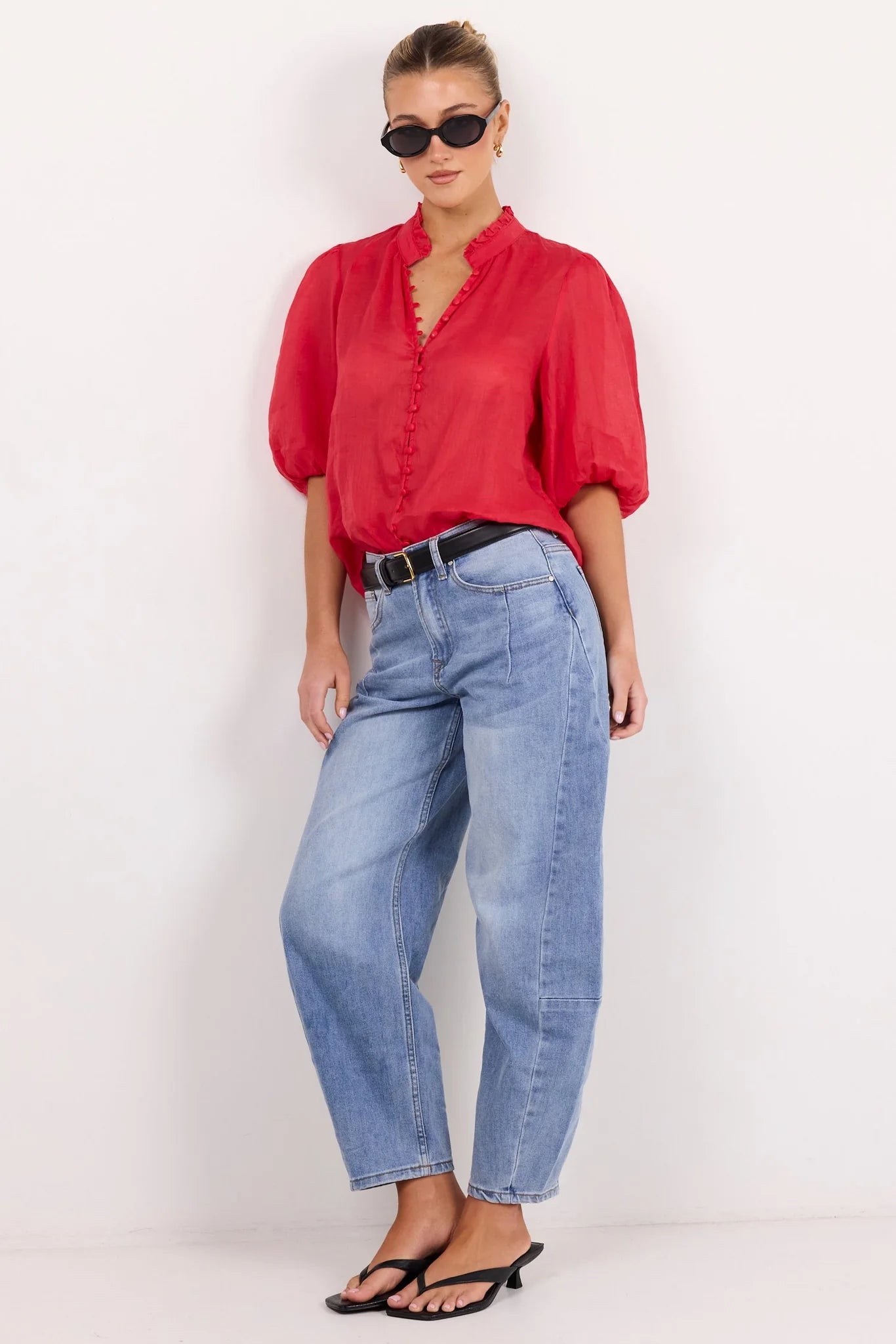 Ivy + Jack Continuance Red Ramie High Neck Buttoned SS Top