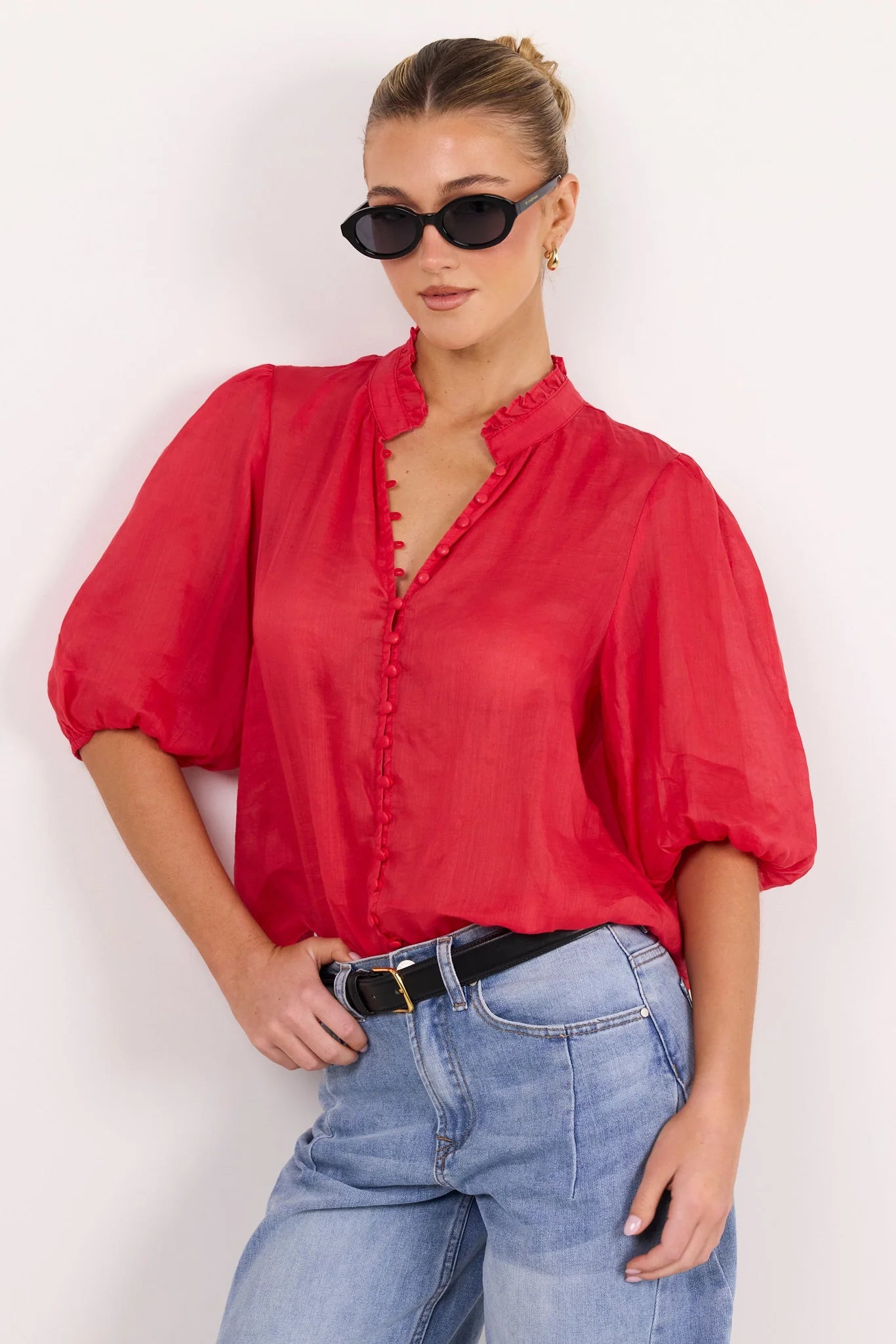 Ivy + Jack Continuance Red Ramie High Neck Buttoned SS Top