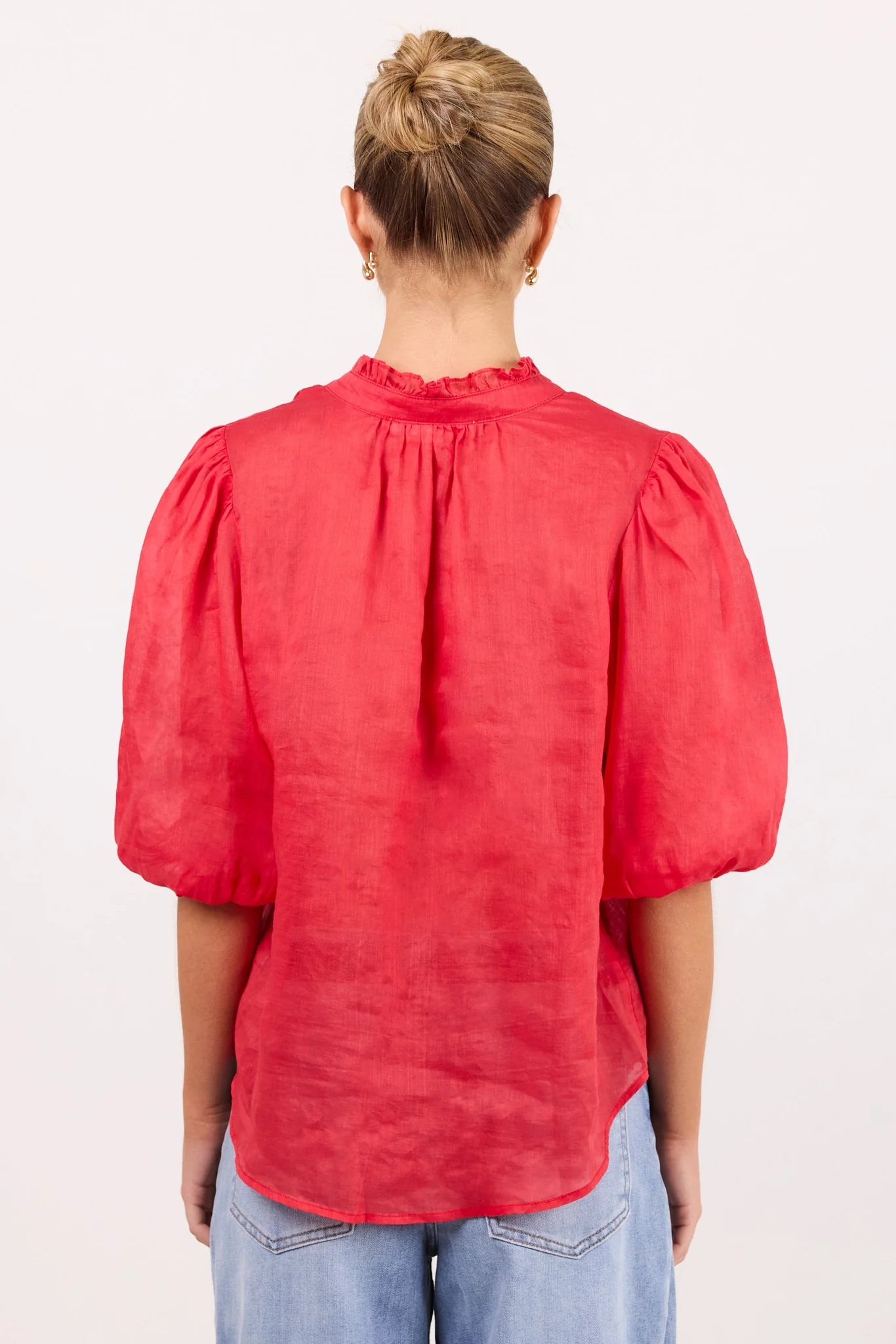 Ivy + Jack Continuance Red Ramie High Neck Buttoned SS Top