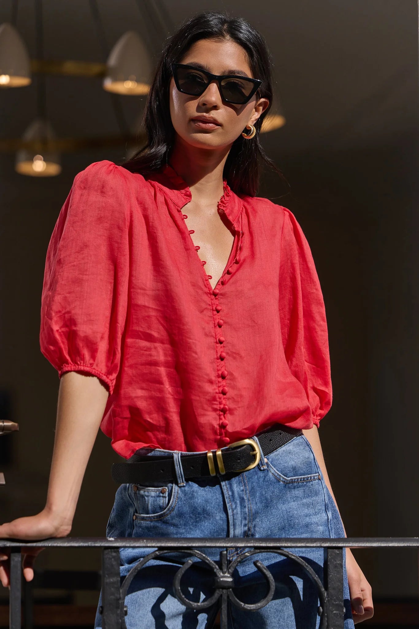 Ivy + Jack Continuance Red Ramie High Neck Buttoned SS Top