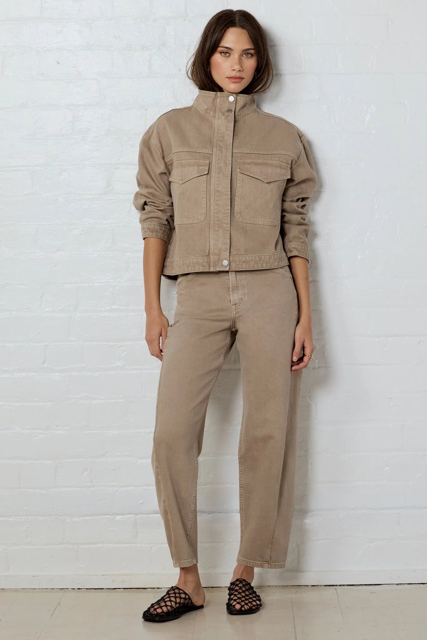 Stories be Told Crafted  Taupe Funnel Neck Denim Jacket