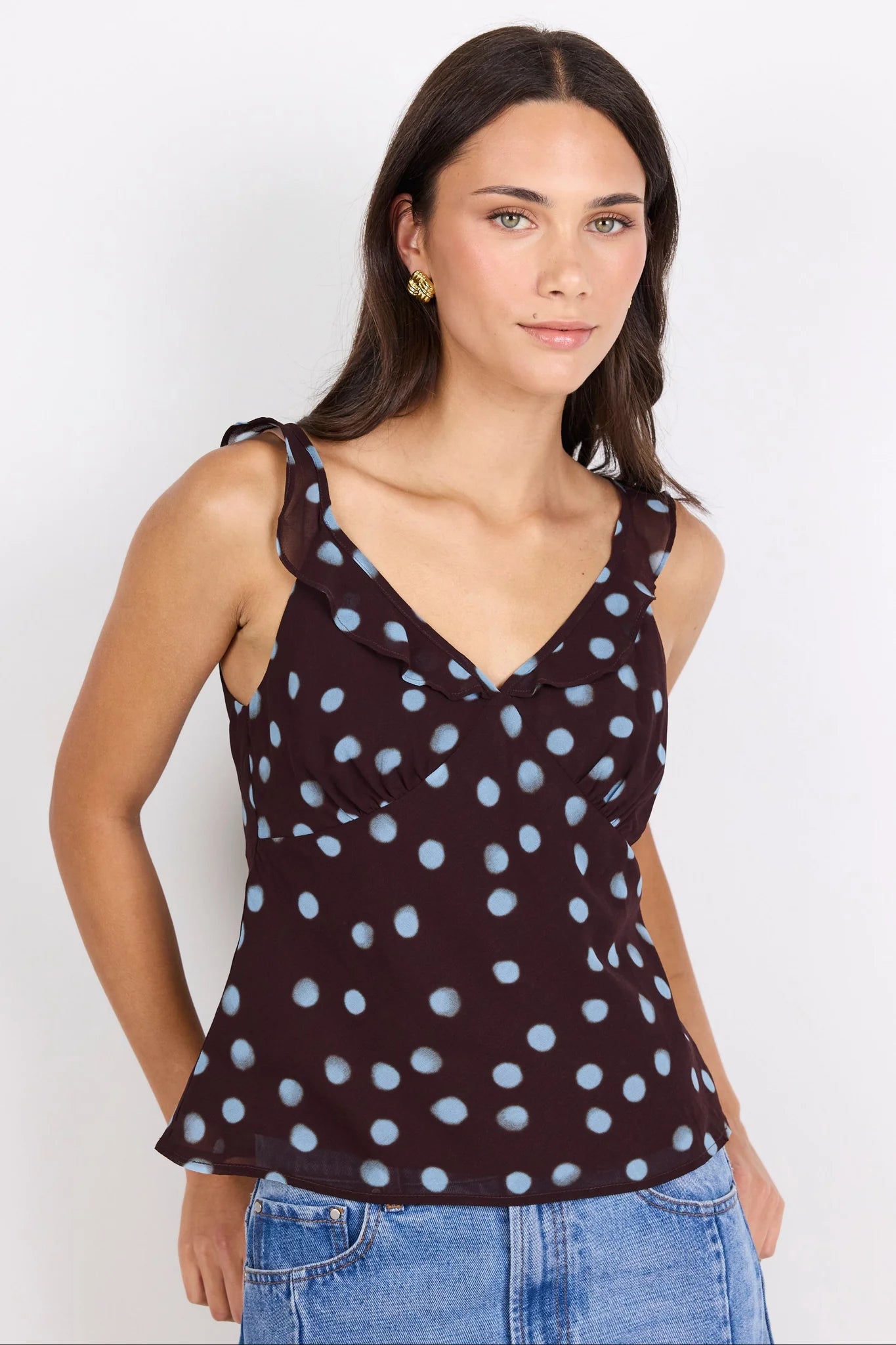 Georgia Zoe Crave Chocolate Blue Polka Dot Georgette Ruffle Neck Cami Top