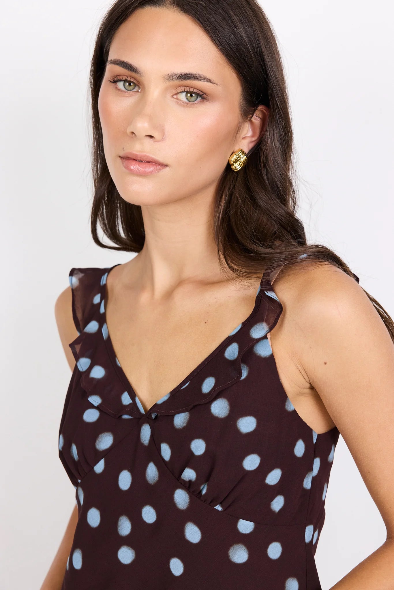 Georgia Zoe Crave Chocolate Blue Polka Dot Georgette Ruffle Neck Cami Top