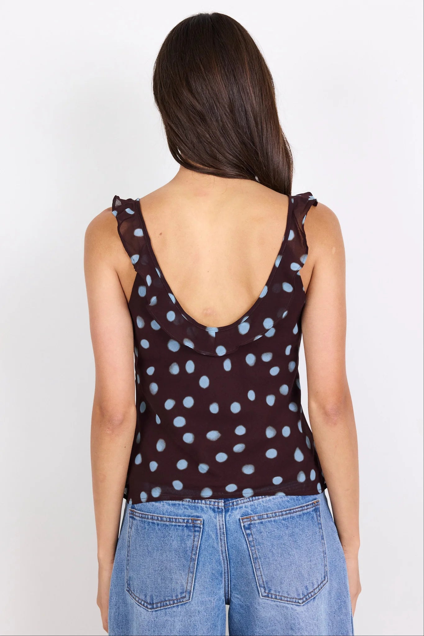 Georgia Zoe Crave Chocolate Blue Polka Dot Georgette Ruffle Neck Cami Top