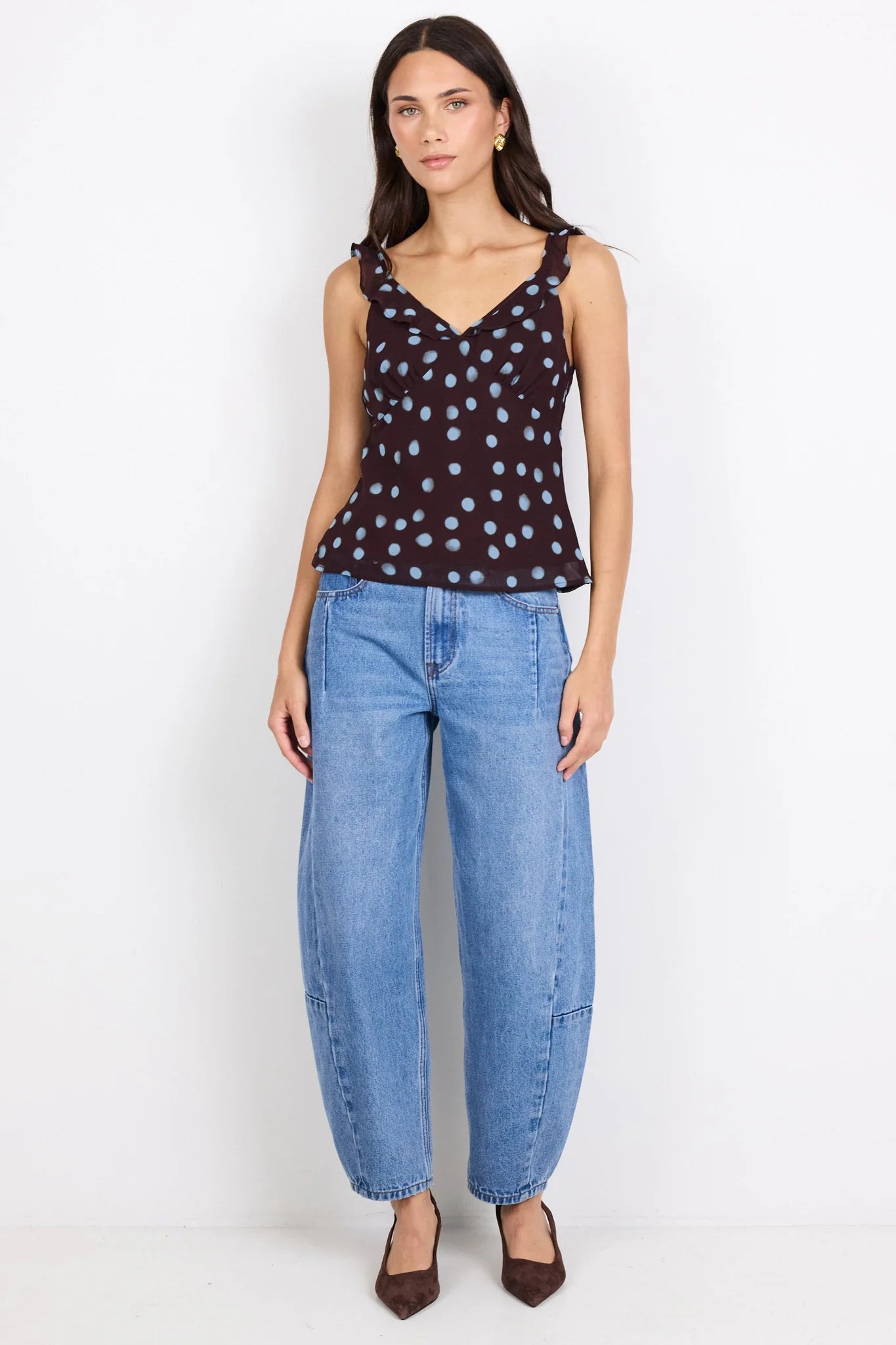 Georgia Zoe Crave Chocolate Blue Polka Dot Georgette Ruffle Neck Cami Top