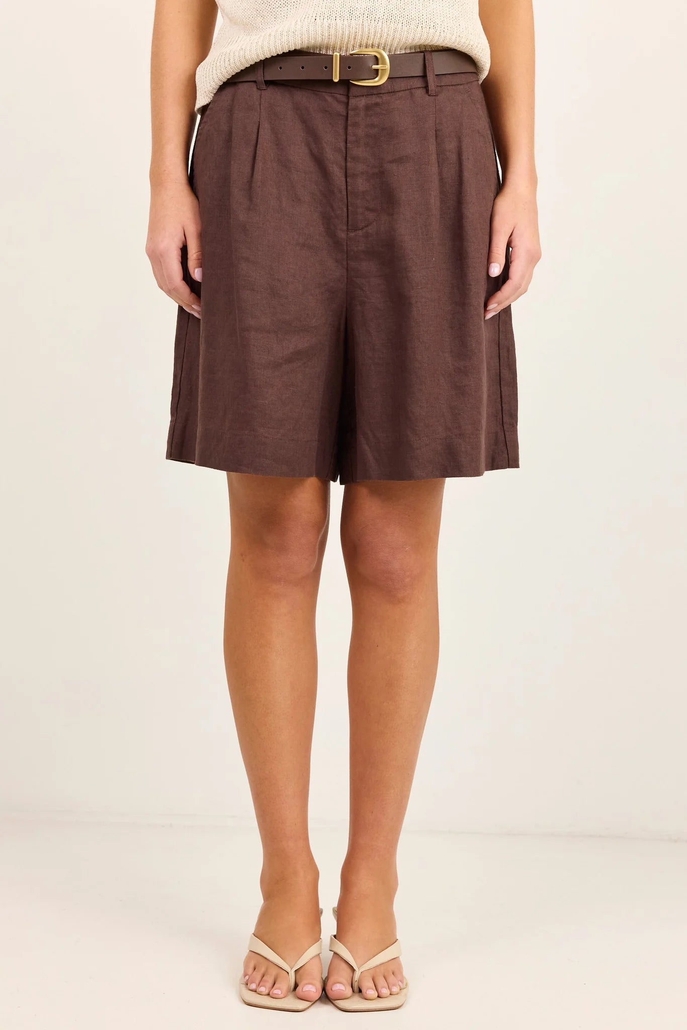 Stories be Told Literal Dark Chocolate Linen Pleat Front Shorts