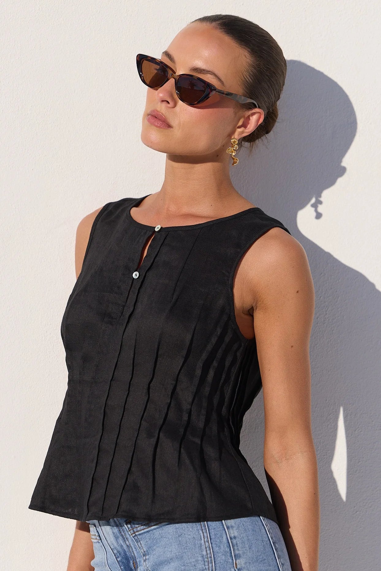 Stories be Told Encourage Black Linen Pintuck Front Boatneck Top