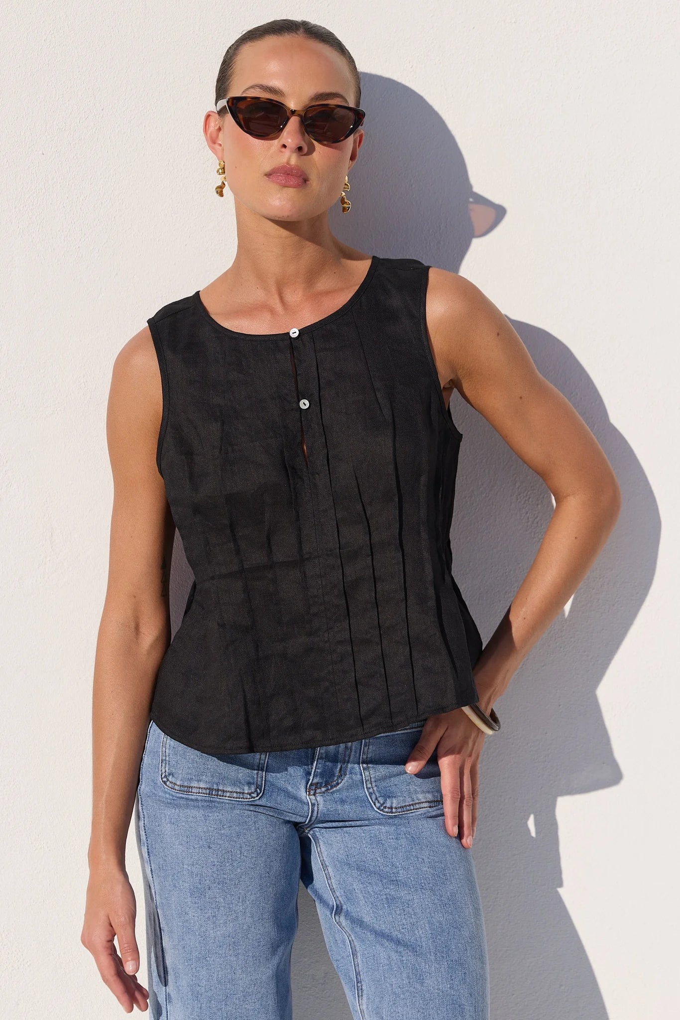Stories be Told Encourage Black Linen Pintuck Front Boatneck Top