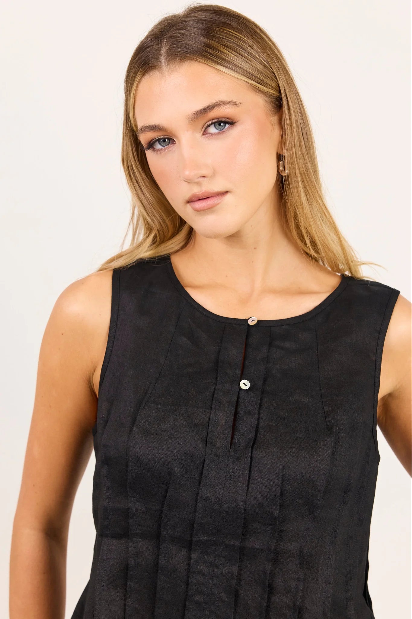 Stories be Told Encourage Black Linen Pintuck Front Boatneck Top