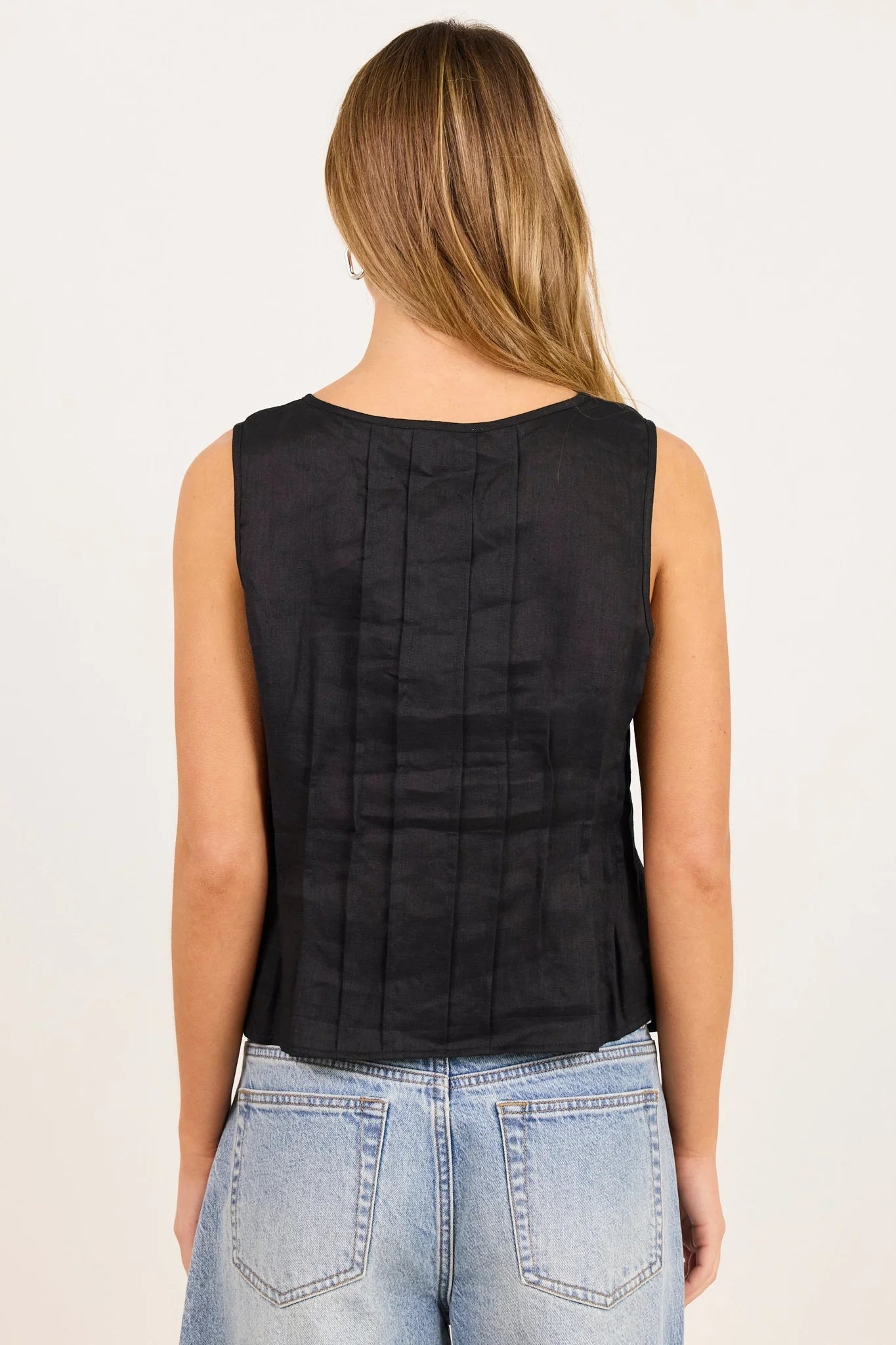 Stories be Told Encourage Black Linen Pintuck Front Boatneck Top