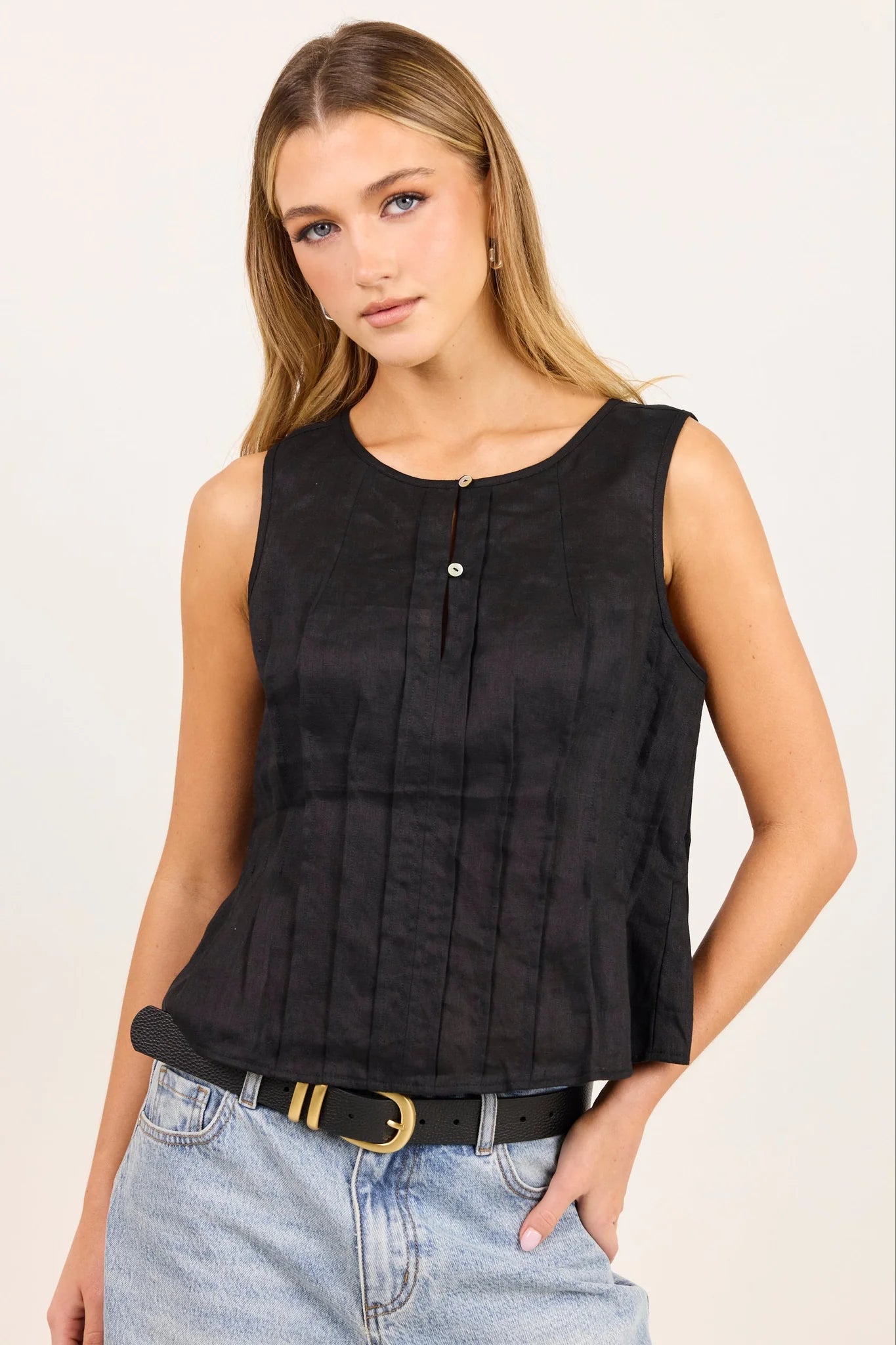 Stories be Told Encourage Black Linen Pintuck Front Boatneck Top