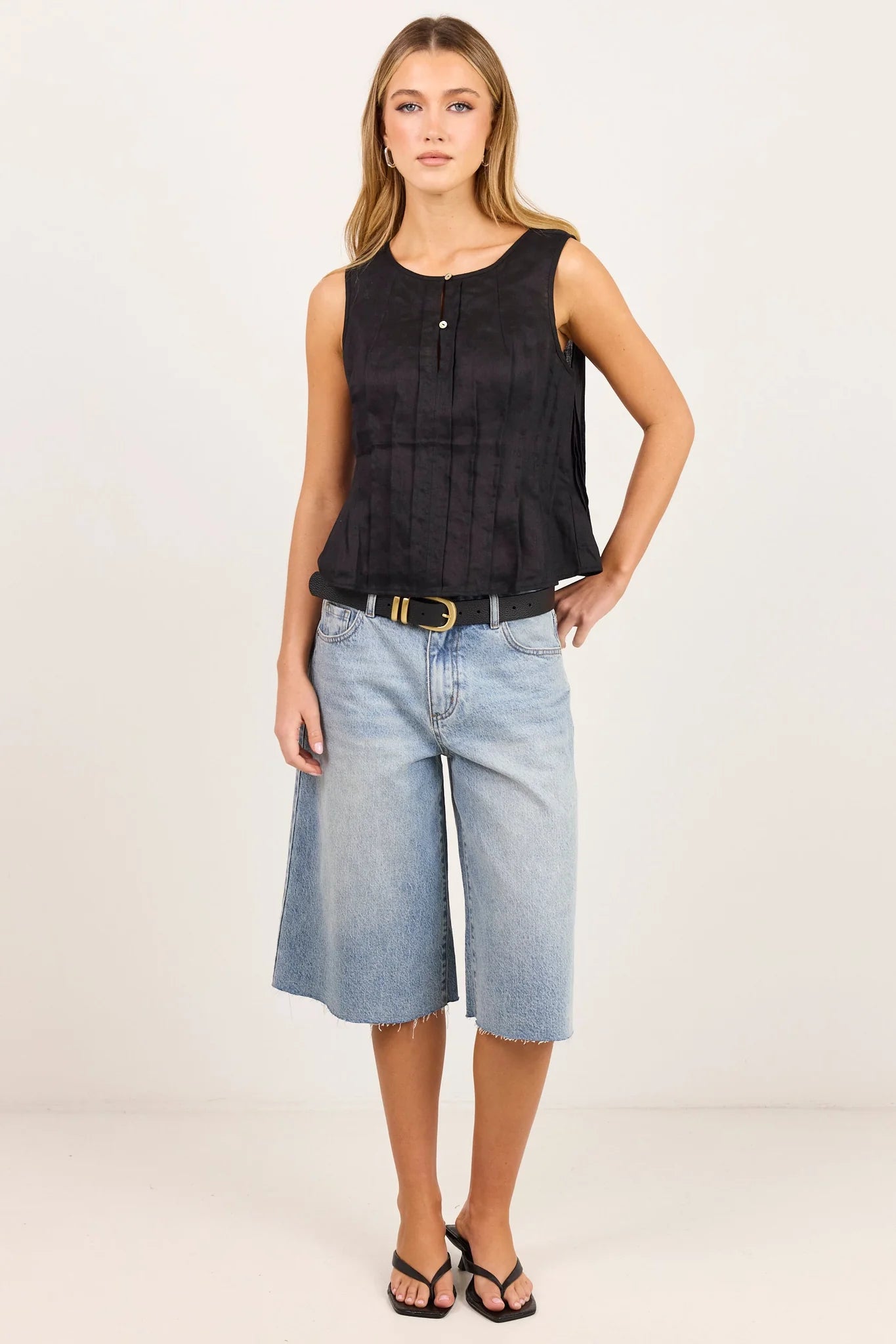 Stories be Told Encourage Black Linen Pintuck Front Boatneck Top