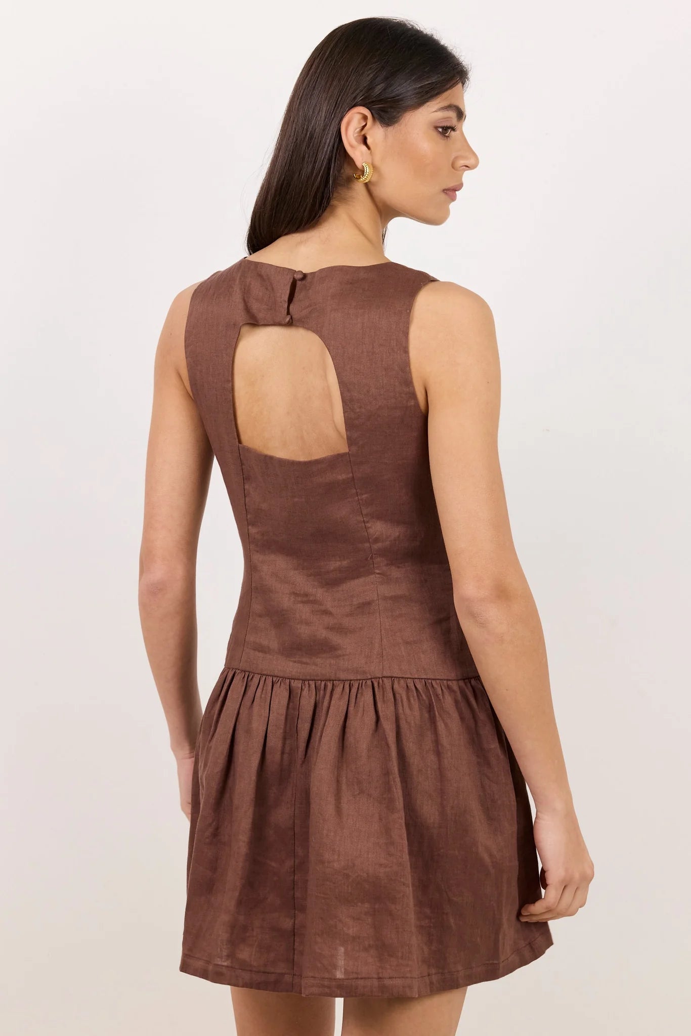 Stories be Told Endure Mocha Linen Fit Flare Mini Cutout Back Dress