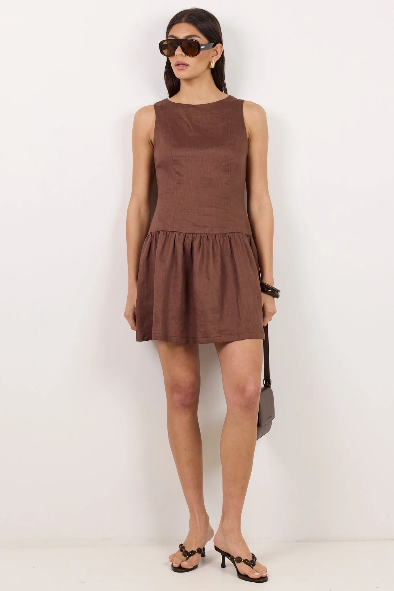 Stories be Told Endure Mocha Linen Fit Flare Mini Cutout Back Dress