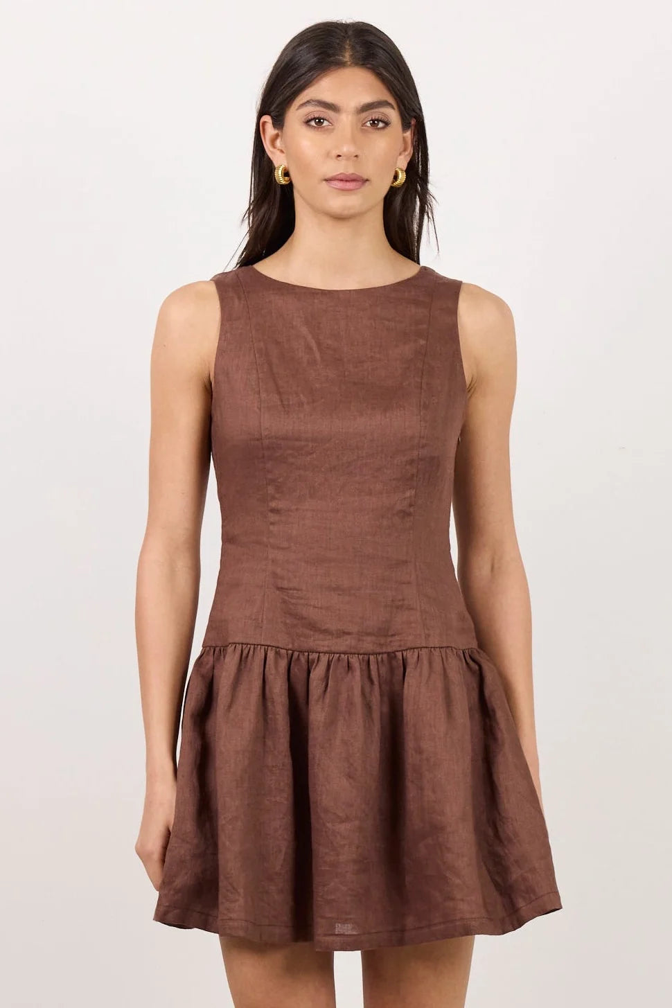 Stories be Told Endure Mocha Linen Fit Flare Mini Cutout Back Dress