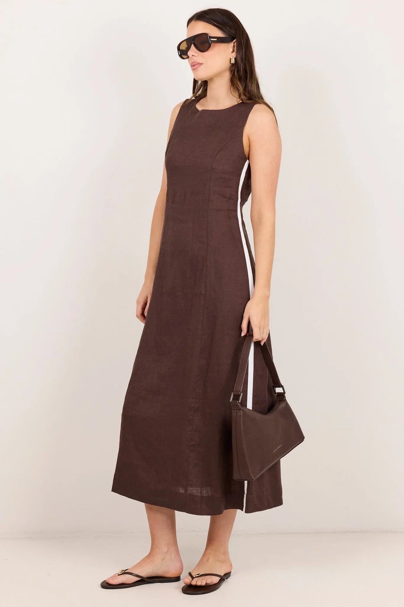 Stories be Told Future Dark Chocolate Linen Sleeveless Midi Dress