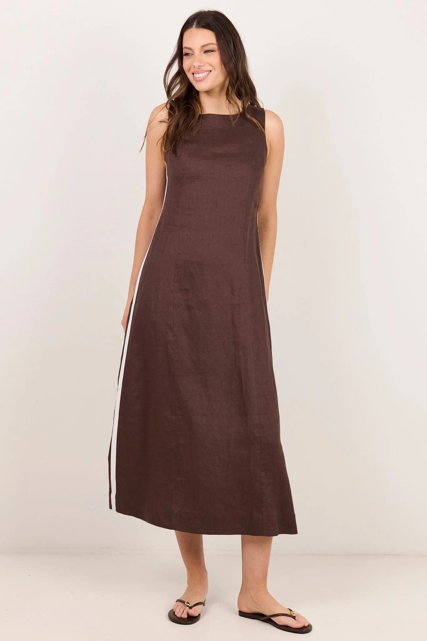 Stories be Told Future Dark Chocolate Linen Sleeveless Midi Dress