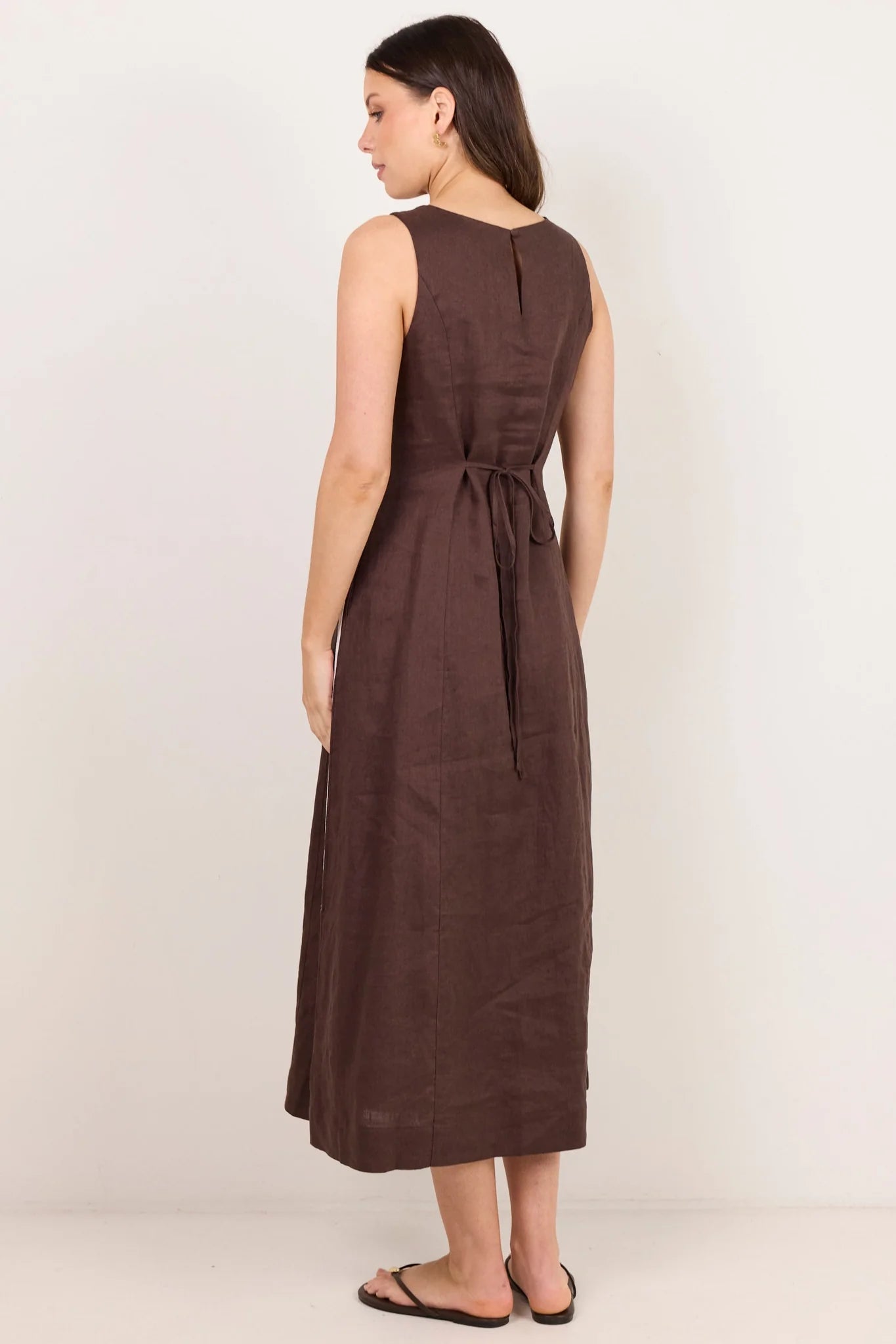 Stories be Told Future Dark Chocolate Linen Sleeveless Midi Dress
