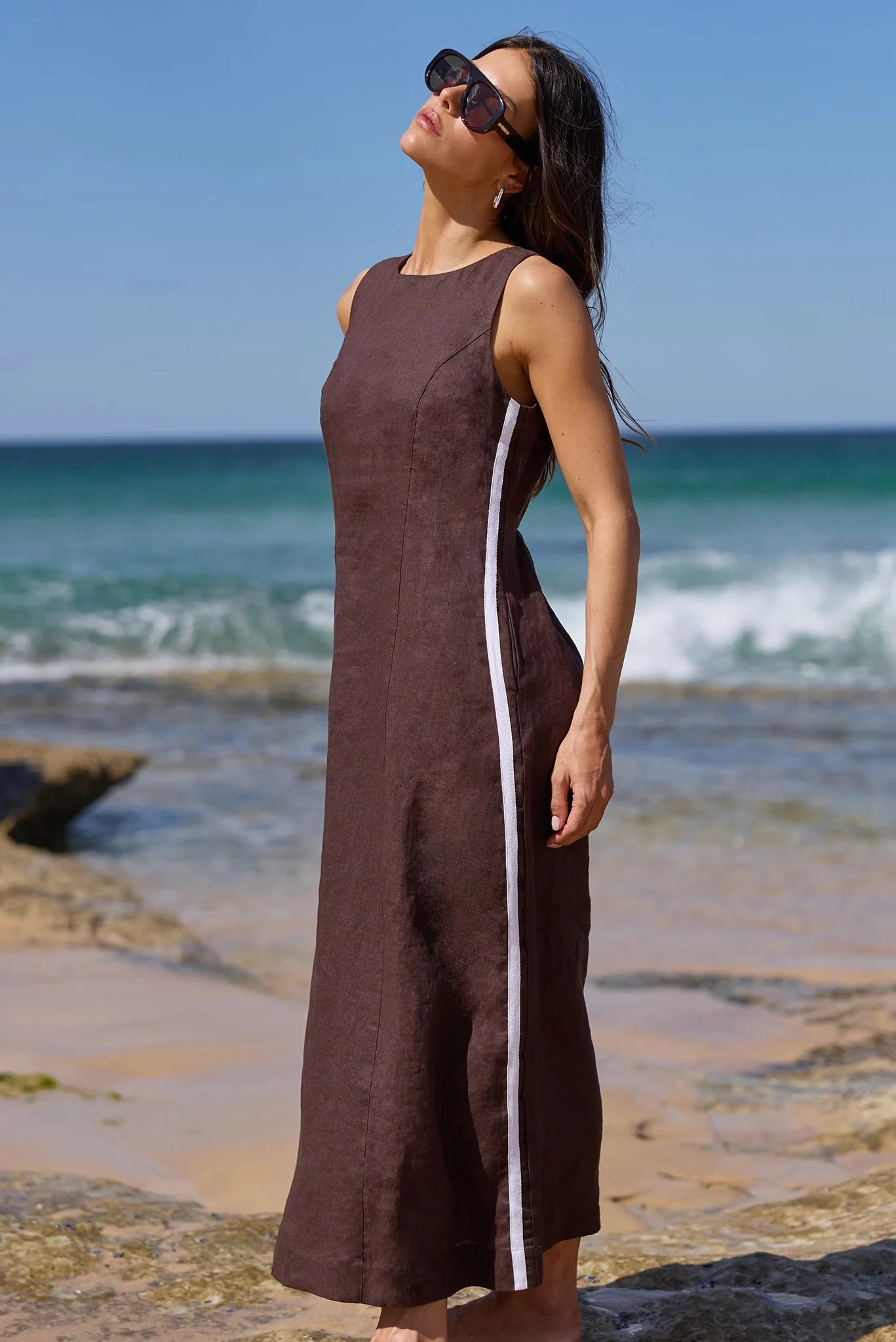 Stories be Told Future Dark Chocolate Linen Sleeveless Midi Dress