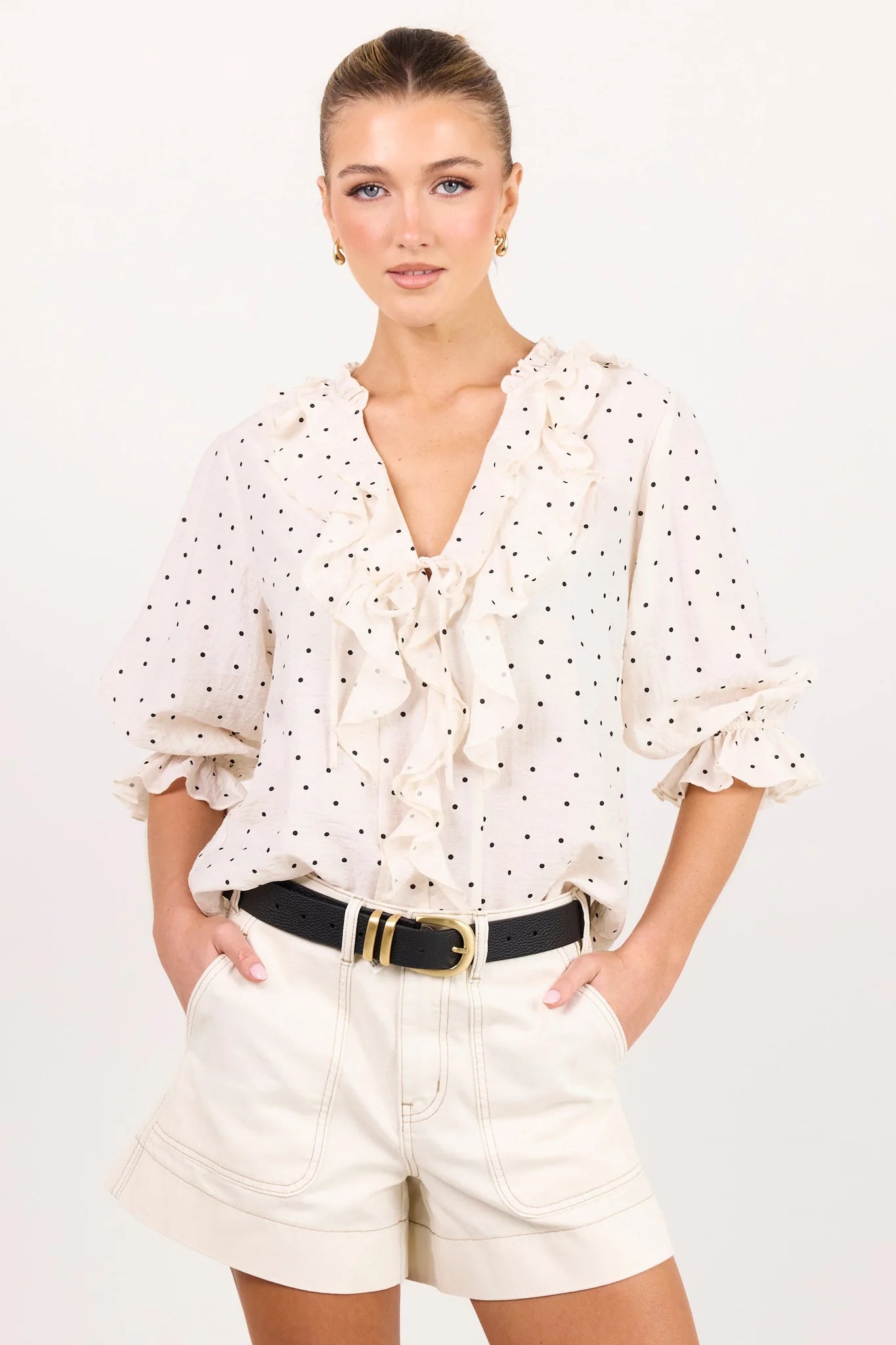 Ivy + Jack Garnish Cream Black Polka Dot Frill Front Mid Sleeve Top