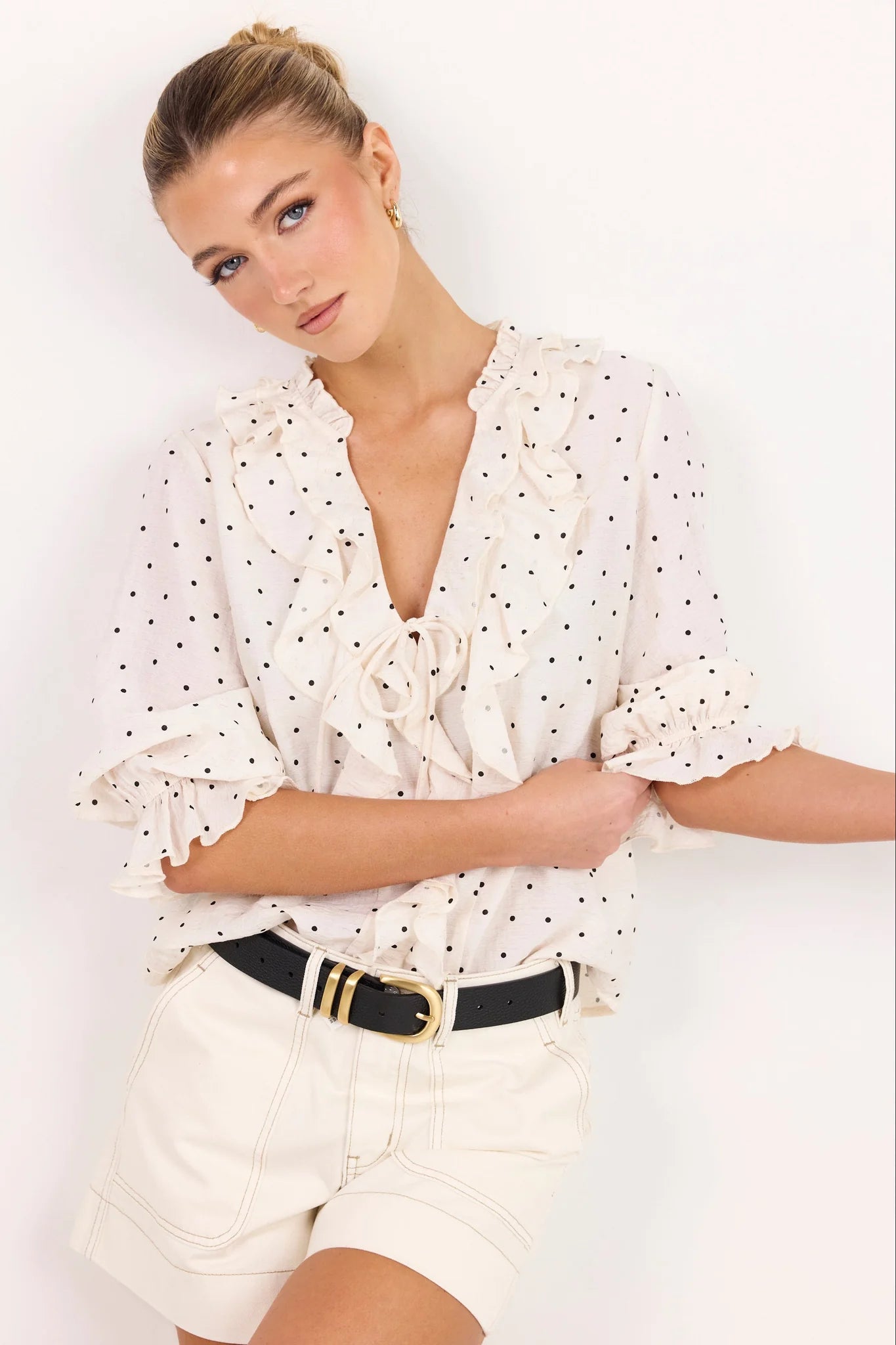 Ivy + Jack Garnish Cream Black Polka Dot Frill Front Mid Sleeve Top